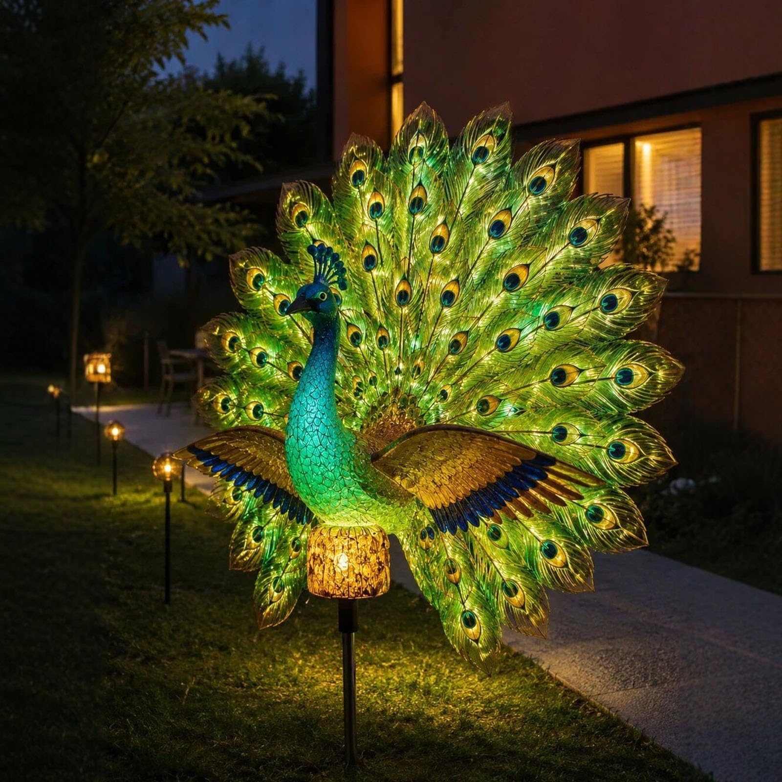 Solar Peacock Garden Sculpture, Metal Peacock Garden Solar Lights, Outdoor Decor Light with Auto-On LED, Stake Peacock Statue, Tail Statue for Yard Patio Lawn