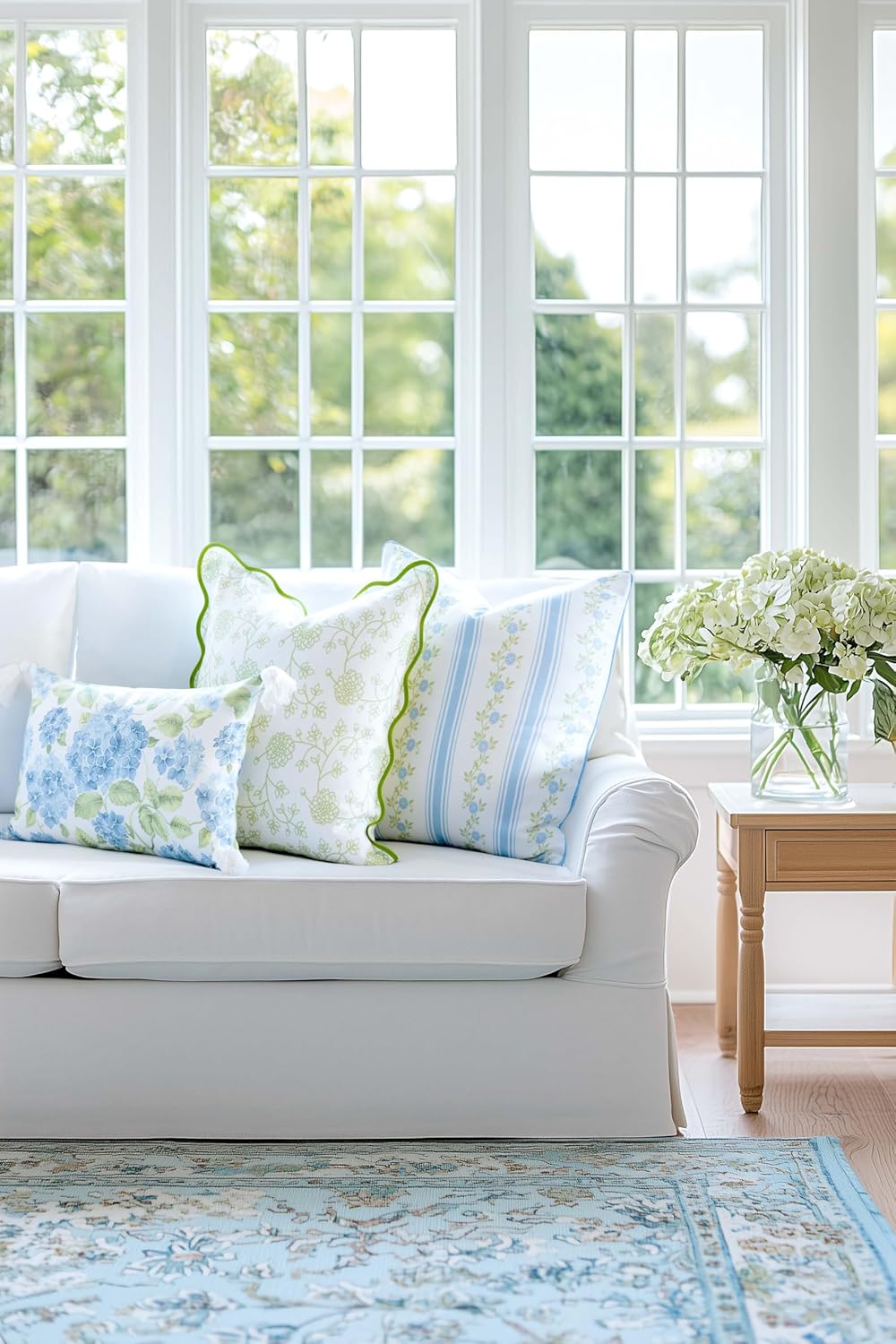 Hofdeco Premium Coastal Patio Indoor Outdoor Lumbar Pillow Cover Only, 12"x20" Water Repellent for Backyard, Couch, Baby Blue Green Print Sketch Hydrangea Flower