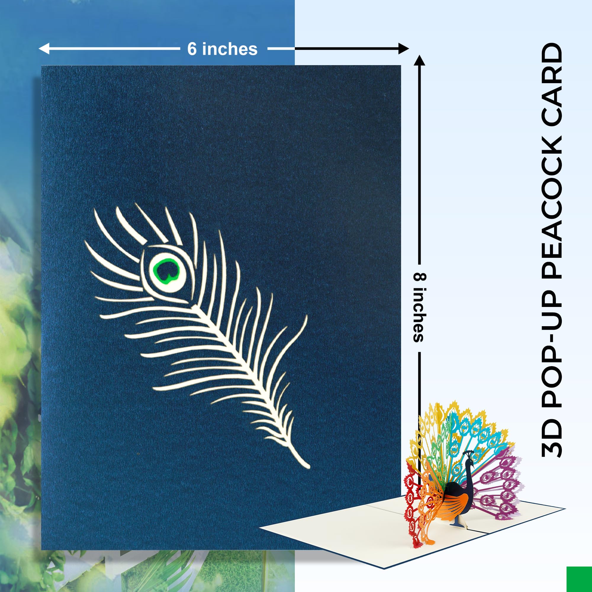 iGifts And Cards Majestic Peacock Paradise - Tarjeta desplegable 3D de 6 x 8 pulgadas, elegante felicitación con tarjeta de notas y sobre, pantalla de plumas coloridas, tarjeta única de cumpleaños,