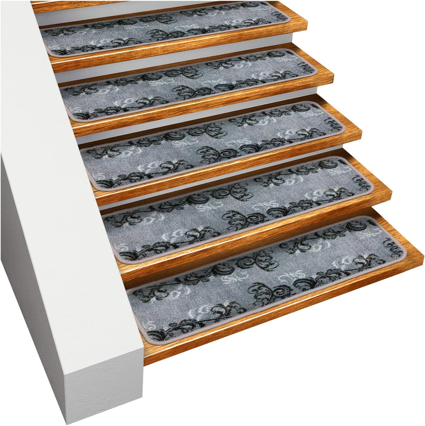 House, Home and More Set of 15 Skid-Resistant Carpet Stair Treads – Elegant Scroll – Silver Gray – 8 Inches X 26 Inches