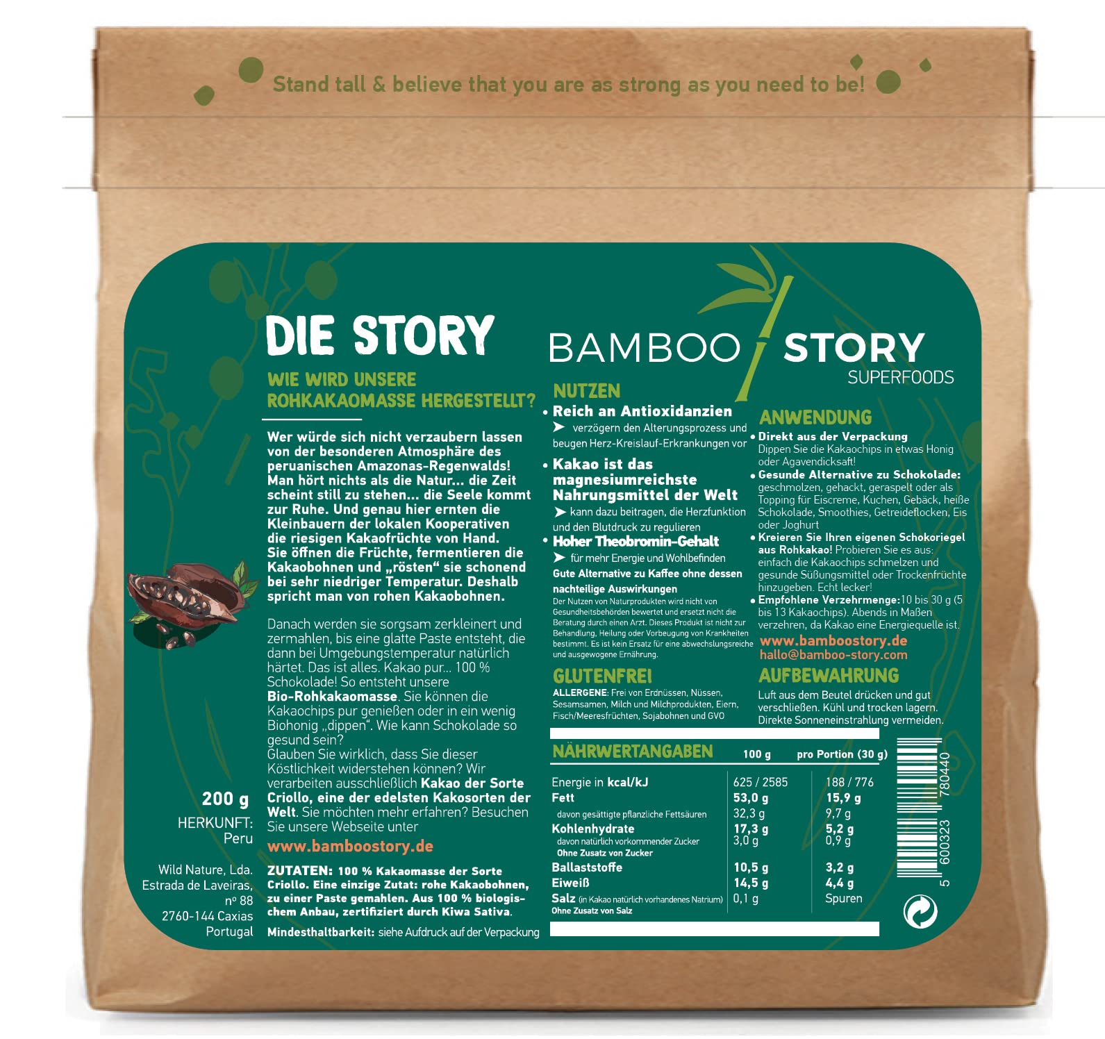 Roh | BAMBOO STORY | Kakaomasse Drops | Criollo | Bio | 100% Kakao | Ohne Zuckerzusatz | 400 g | Single Origen: Peru