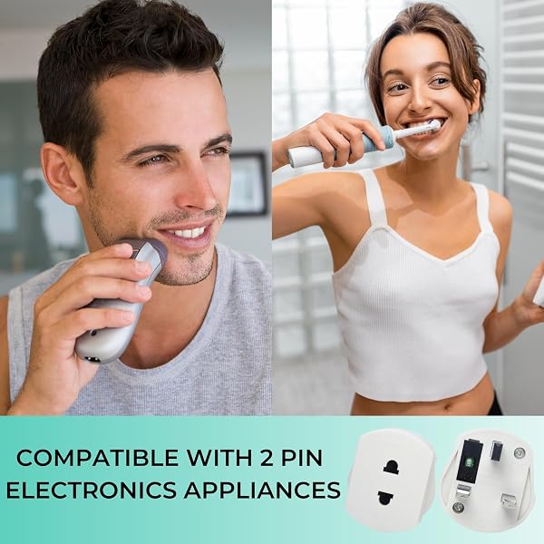 1-Pack UK Electric Toothbrush & Shaver Plug Adapter | 2-Pin to 3-Pin Bathroom Converter | For UK EU Round & US Flat 2-Pin Plugs | 1A Fused, Safety Shutters | Compatible with Oral-B, Braun, Philips - 2