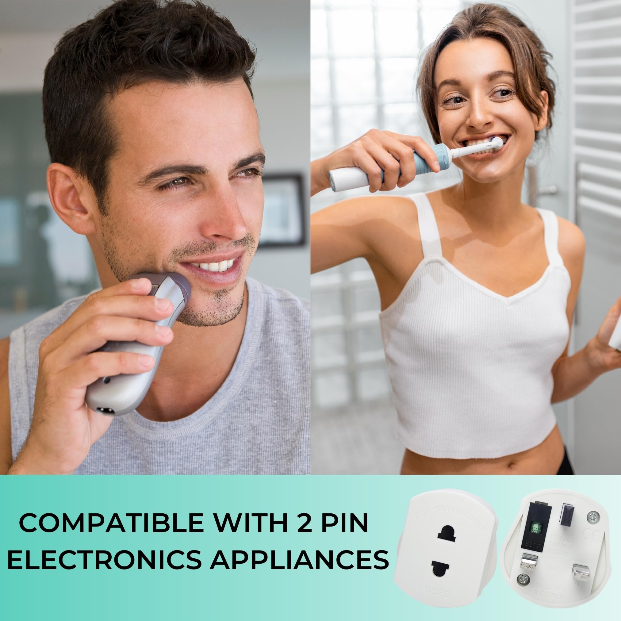 1-Pack UK Electric Toothbrush & Shaver Plug Adapter | 2-Pin to 3-Pin Bathroom Converter | For UK EU Round & US Flat 2-Pin Plugs | 1A Fused, Safety Shutters | Compatible with Oral-B, Braun, Philips — view 2