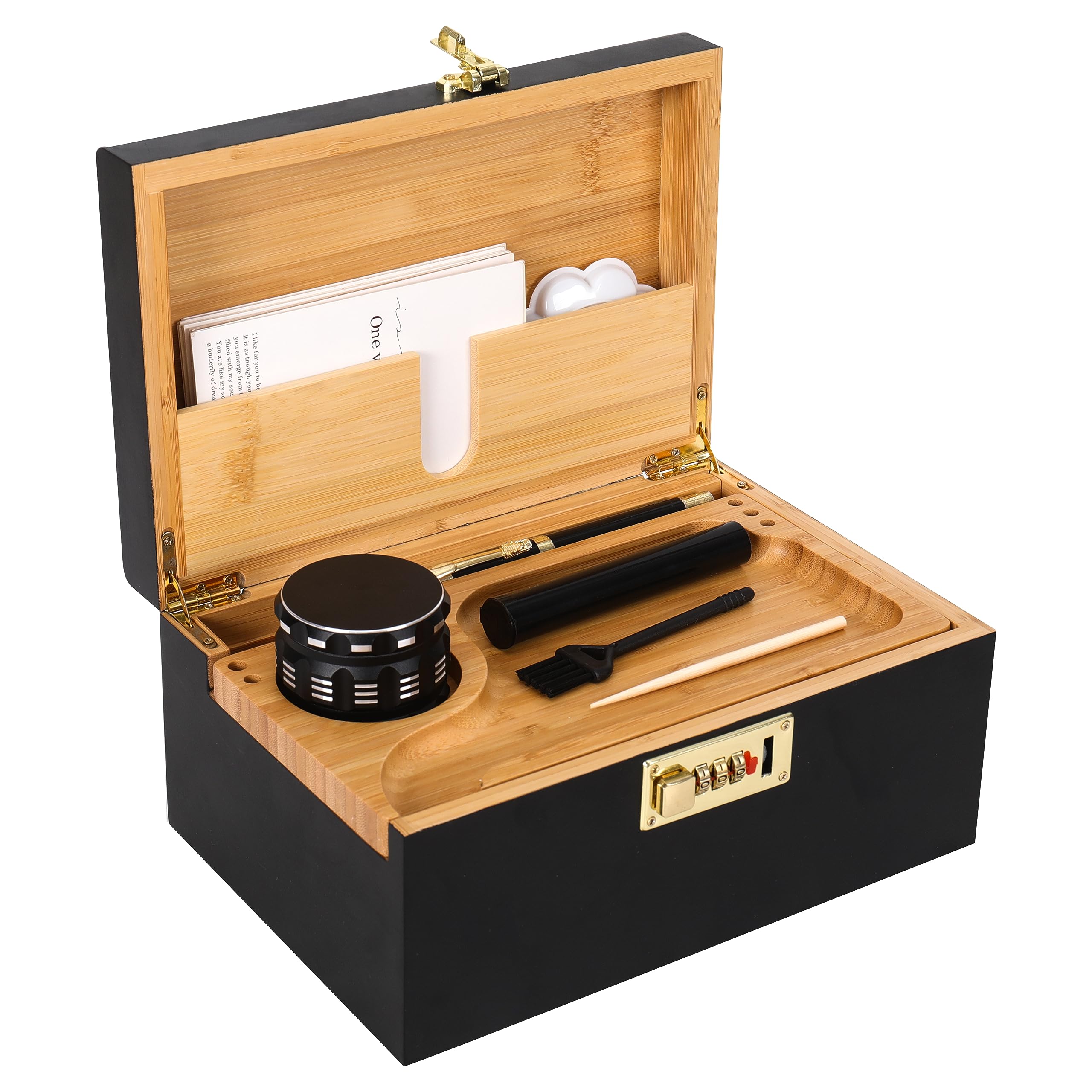 ARTAWEIN Large Bamboo Box with Combination Lock Decorative box for Home Great Gift Choice Stash Storage Lockbox with Storage Jar, Tray, Combination Lock, Glossy Hinges, Great for Home & Gifting