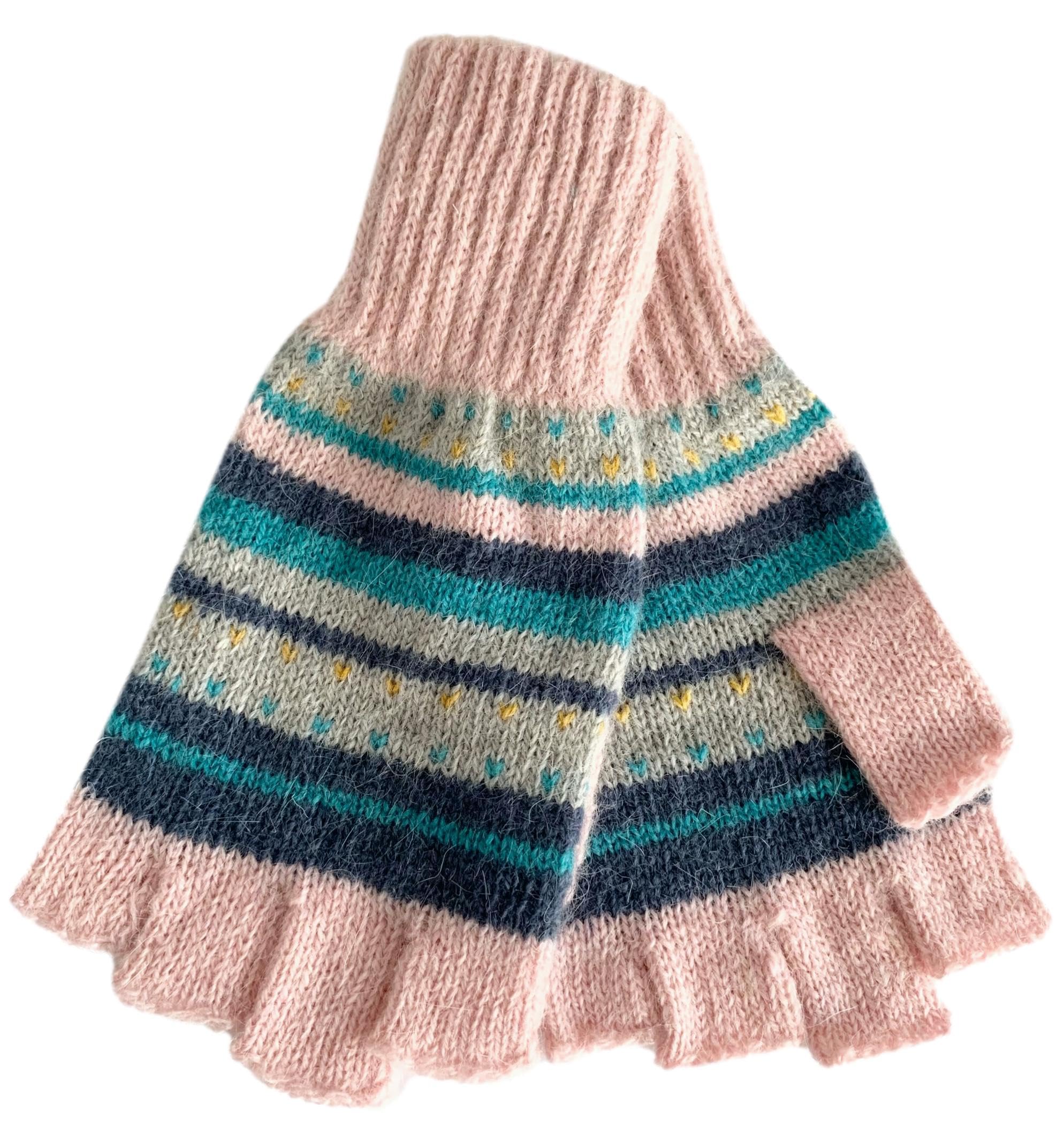Purple Possum® Pink Fingerless Gloves Ladies Blue Grey Striped Knitted Winter Warm Cosy Wool Angora Blend Womens Stripy Gloves