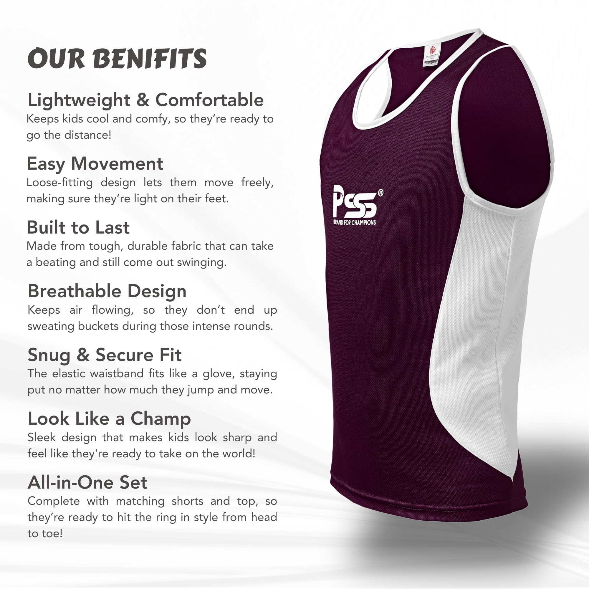 PSS Ultimate - Uniforme de boxeo para niños, juego de 2 piezas, ligero, transpirable y cómodo, uniforme de estudiante de boxeo para niños de 3 a 14 años