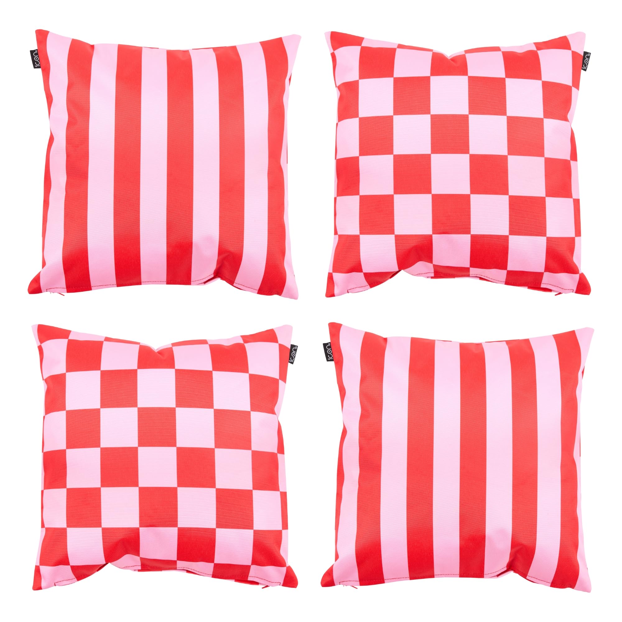 Bean Bag Bazaar Checkerboard Pink Outdoor Cushions Filled, Stripe Collection, Reversible Print, Set Of 4, 43Cm X 43Cm, Water Resistant, Pink Outdoor Cushions For Garden Furniture, Garden, Patio