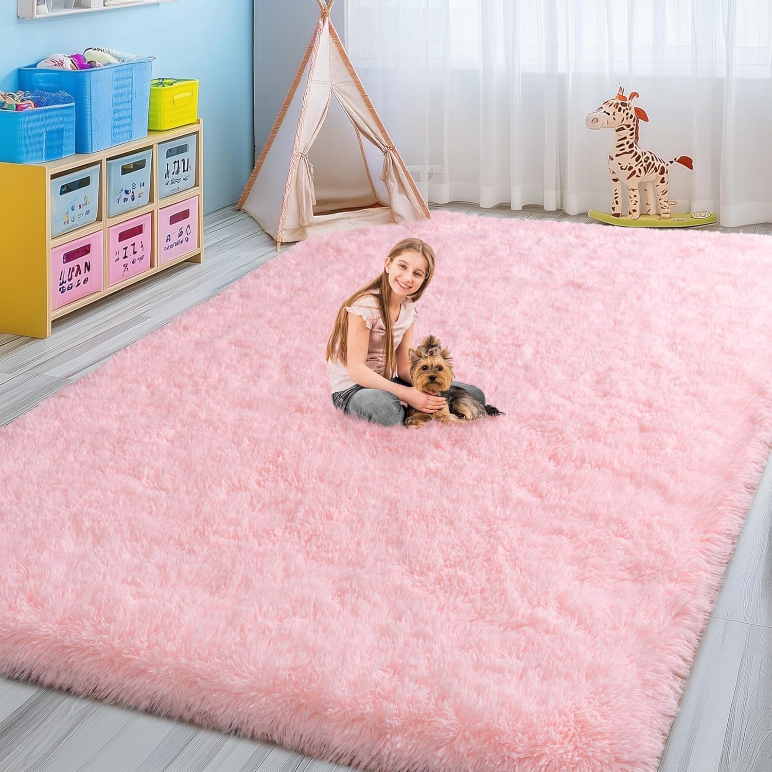 Fluffy Pink Rug for Bedroom Girls, 5x7 Soft Fuzzy Plush Shag Area Rug for Living Room, Cute Comfy Throw Rug for Kids, Non-Slip Indoor Shaggy Floor Carpet for Nursery Teen Dorms Home Decor Aesthetic