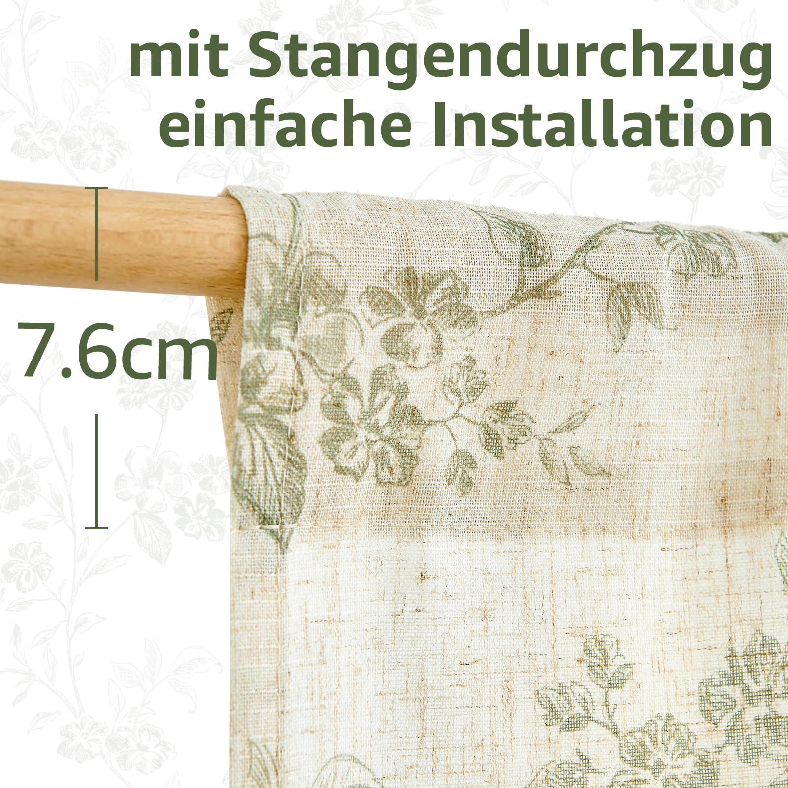 TOPICK Linnenvitrage 65 B x 60 H (cm) bloemen keukengordijnen kort bedrukt landhuisstijl bistrogordijn halftransparante gordijnen raamgordijnen voor lente keuken set van 2 groen op wit
