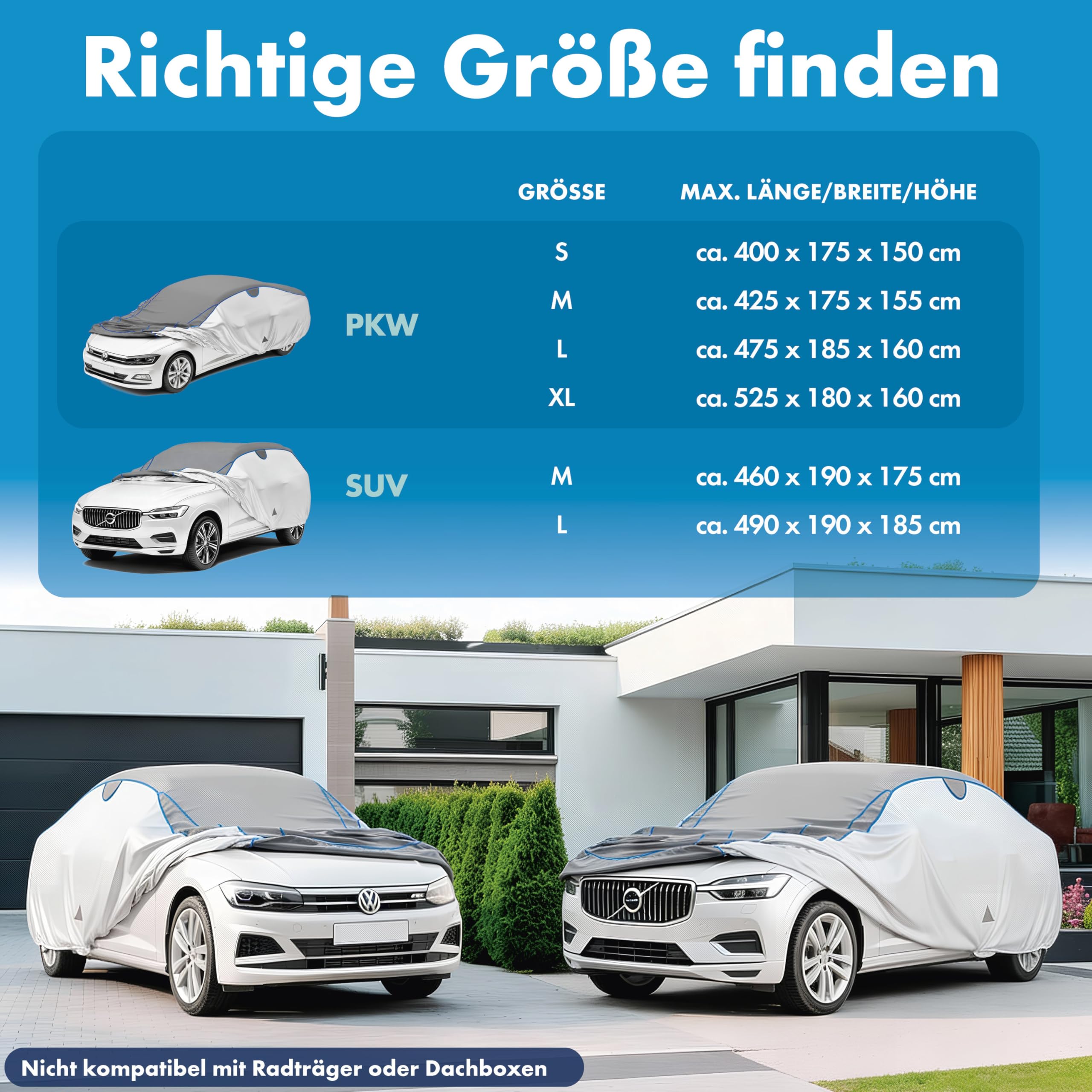 WALSER Hagelschutz Abdeckplane Auto, Hagelschutzplane Auto, Wasserabweisende Autoabdeckung, Outdoor Vollgarage, PKW Abdeckung, Fahrzeug Abdeckplane PKW L max. Fahrzeuglänge 426-525 cm Silber/grau - 5