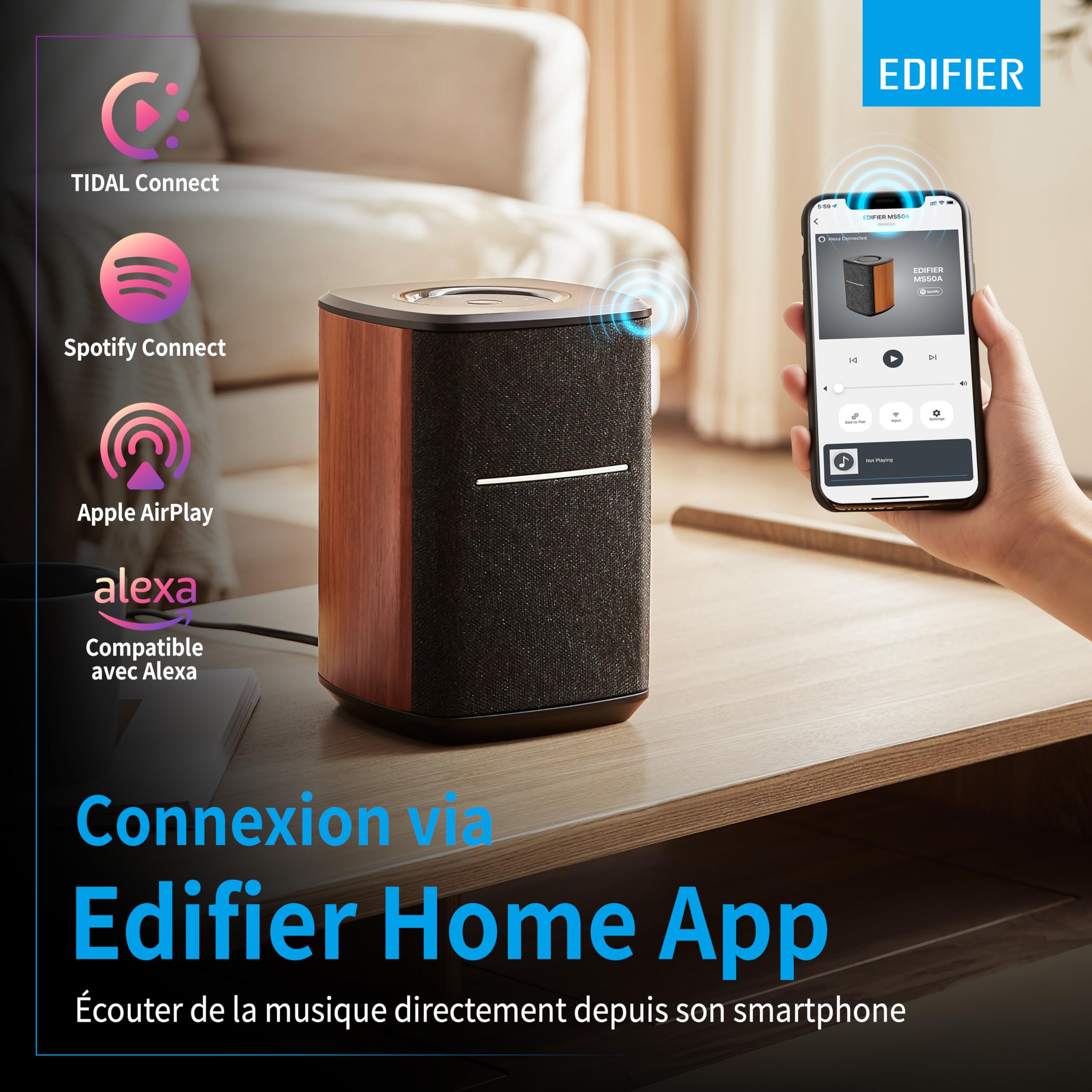 Edifier MS50A - Haut-Parleur WiFi Samrt avec Bluetooth et Fonction stéréo sans Fil Fonctionne avec Amazon Alexa, Apple AirPlay 2, Spotify, etc. Marron