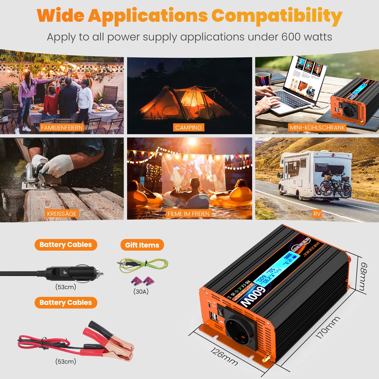 600W/1200W Wechselrichter 12v auf 230v Reiner Sinus Spannungswandler Power Inverter Umwandler Stromwandler mit EU-Steckdose LCD Digital Anzeig Konverter