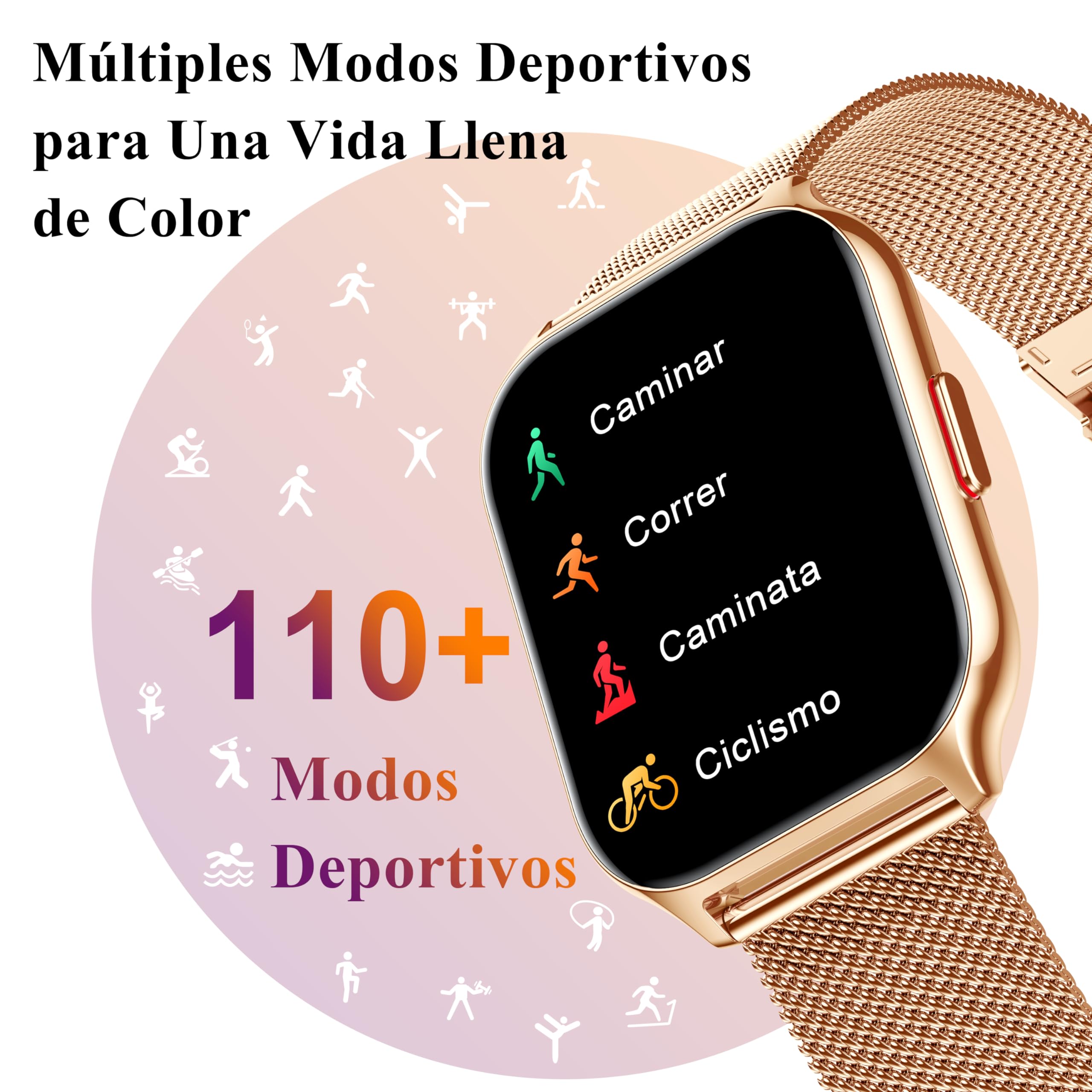 Popglory Reloj Inteligente Llamadas, 2,01" Grande Pantalla, Asistente Voz, 100+ Deportes Smartwatch Mujer Hombre con Presión Arterial Ritmo Cardíaco Pulsometro, Alerta Whatsapp