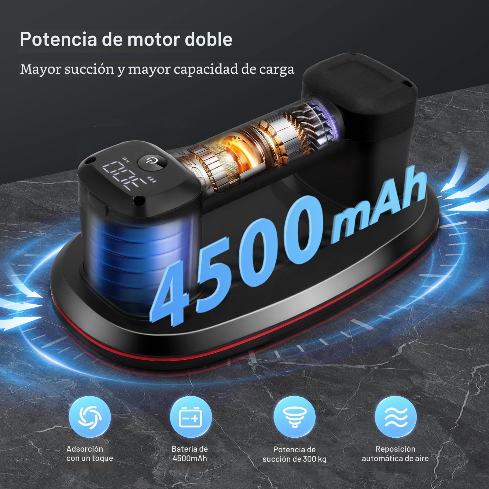 Ventosas para Azulejos, Ventosa Eléctrica Recargable con Pantalla Digital, 2 Motores 4500 mAh, 300 kg Potencia de Succión, Copa de Succión del Parabrisas para Superficies ásperas (Negro)