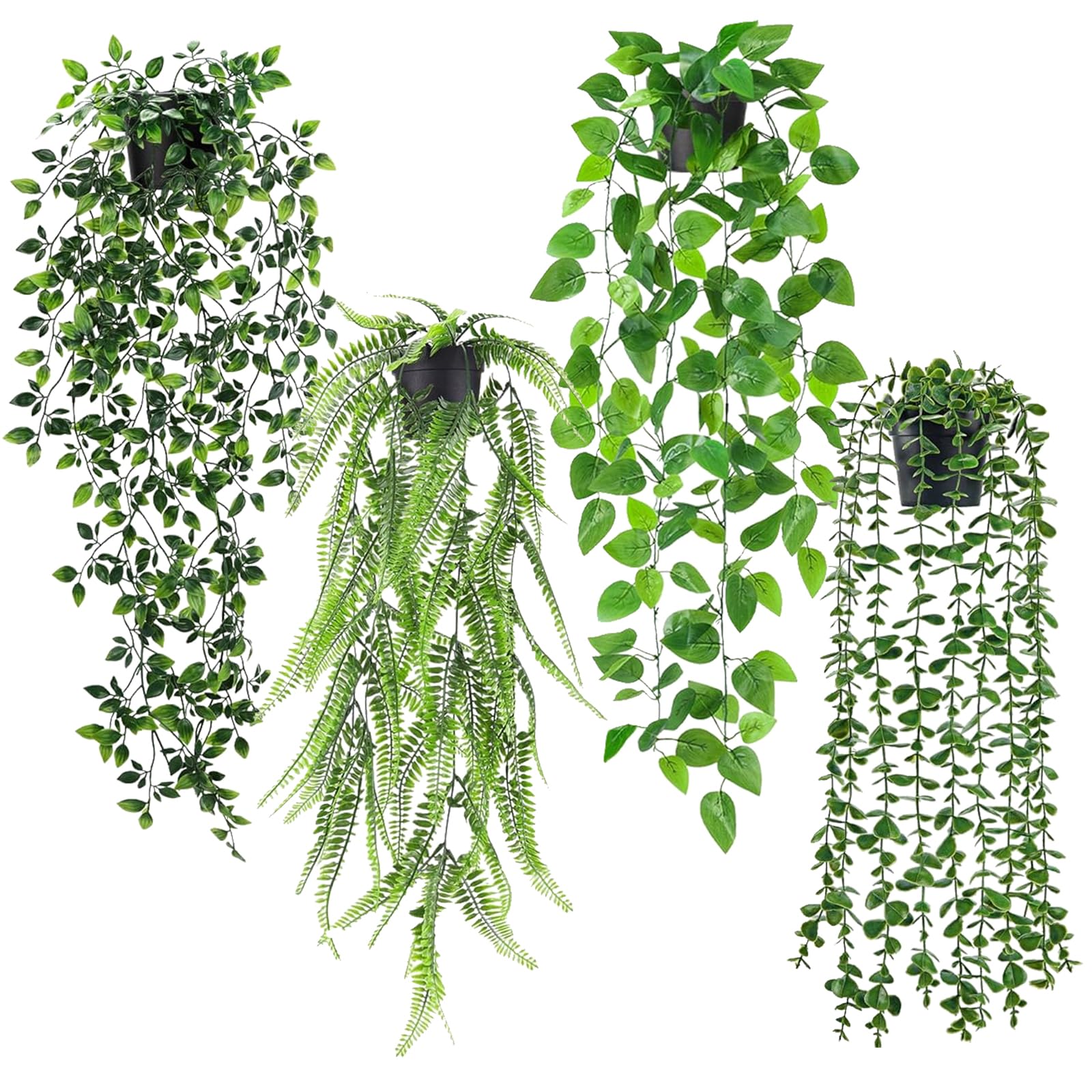 Yixinhe Artificial Hanging Plant, 4 Pack Fake Plants with Black Pots, Fake Ivy Potted Plant, Hanging Artificial Plants Indoor for Home Decor, Garden, Wall Indoor (Color-1)