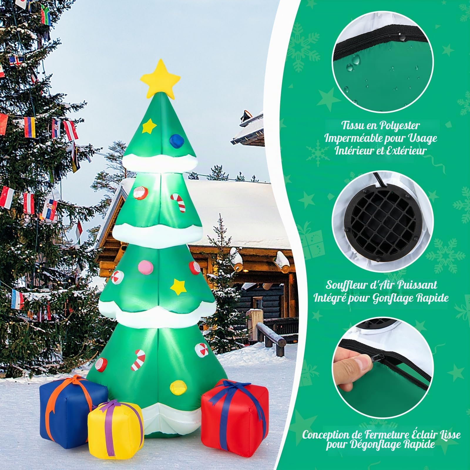 SOARS Decoration Noel, Sapin de Noel Gonflable 180 CM, avec Lumière LED et Soufflerie Intégrée, Décoration Noel Auto-Gonflable Résistant aux Intempéries, pour Cour, Jardin, Salon