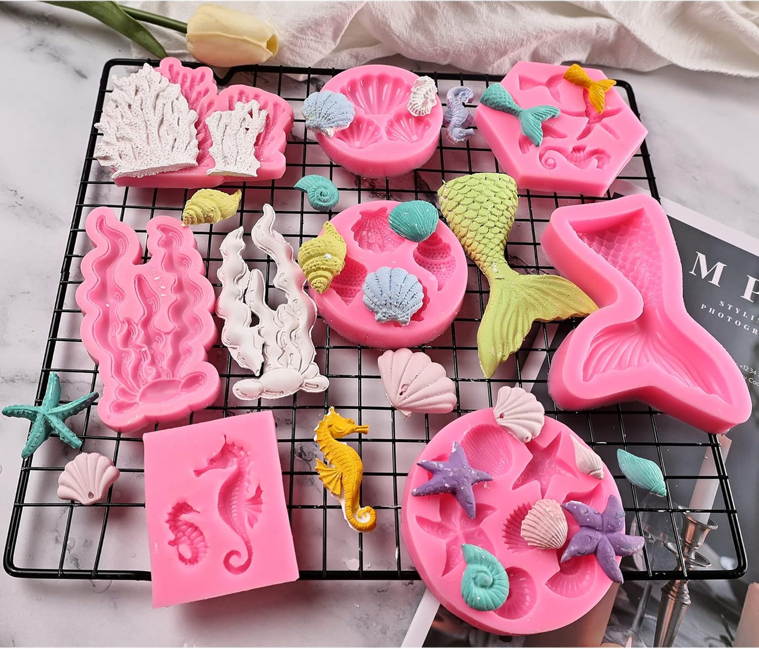 GELIFATLE Mermaid Theme Cake Mold, Mermaid, Shell, Seaweed, Coral Silicone Mold Cupcake Toppers Mold for Candy,Chocolate,Fondant,Polymer Clay,Crafting Projects & Cake Decoration