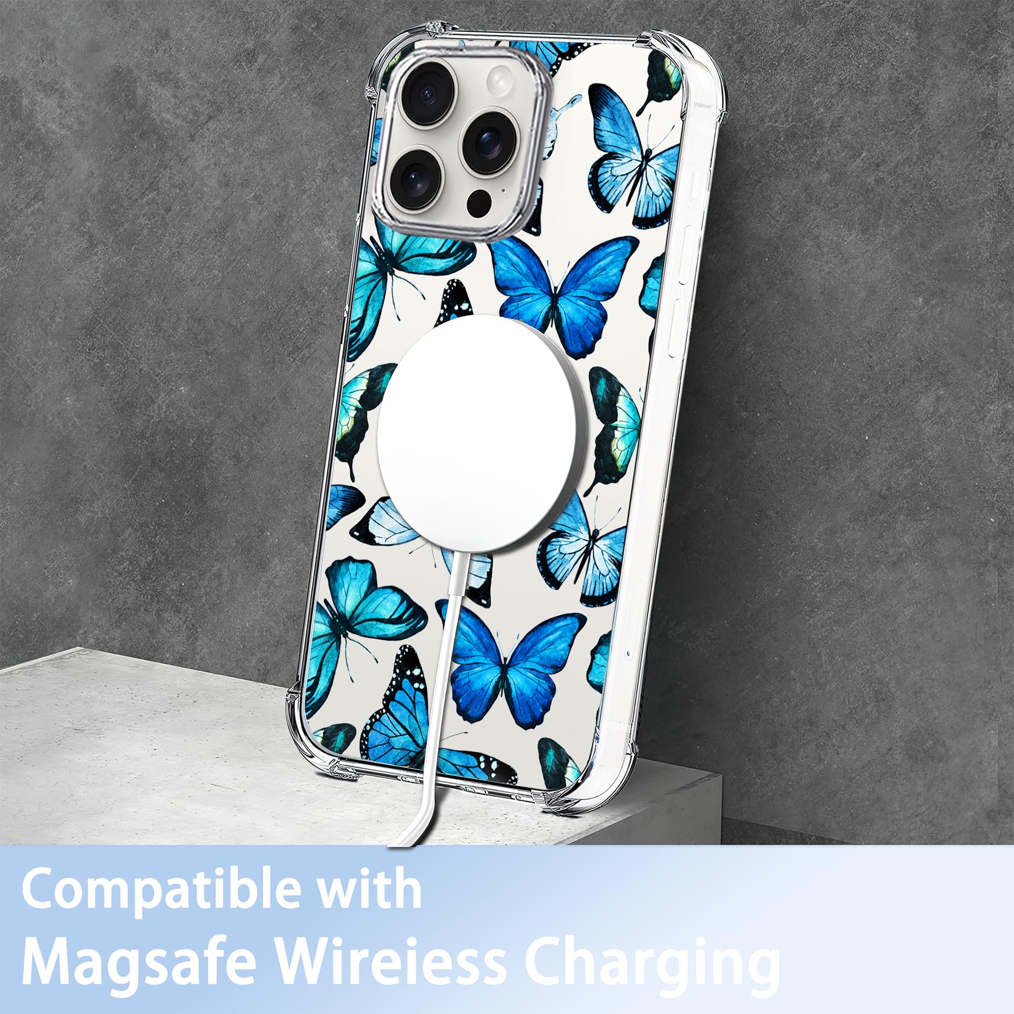 Transparente IPhone 15 Pro Hülle Mit Blauen Schmetterlingen – Stoßfest, TPU, Für Frauen & Mädchen