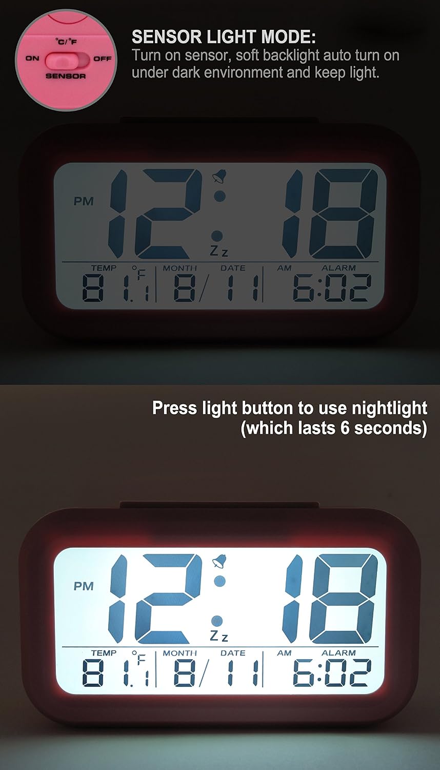 JCC Smart Light Sensor Automaticm Soft Light Large Numbers LCD Digital Snooze Alarm Clock with Ascending Wake Up Alarm, Snooze, Date and Temperature Display (°C/°F), Battery Operated (Pink)