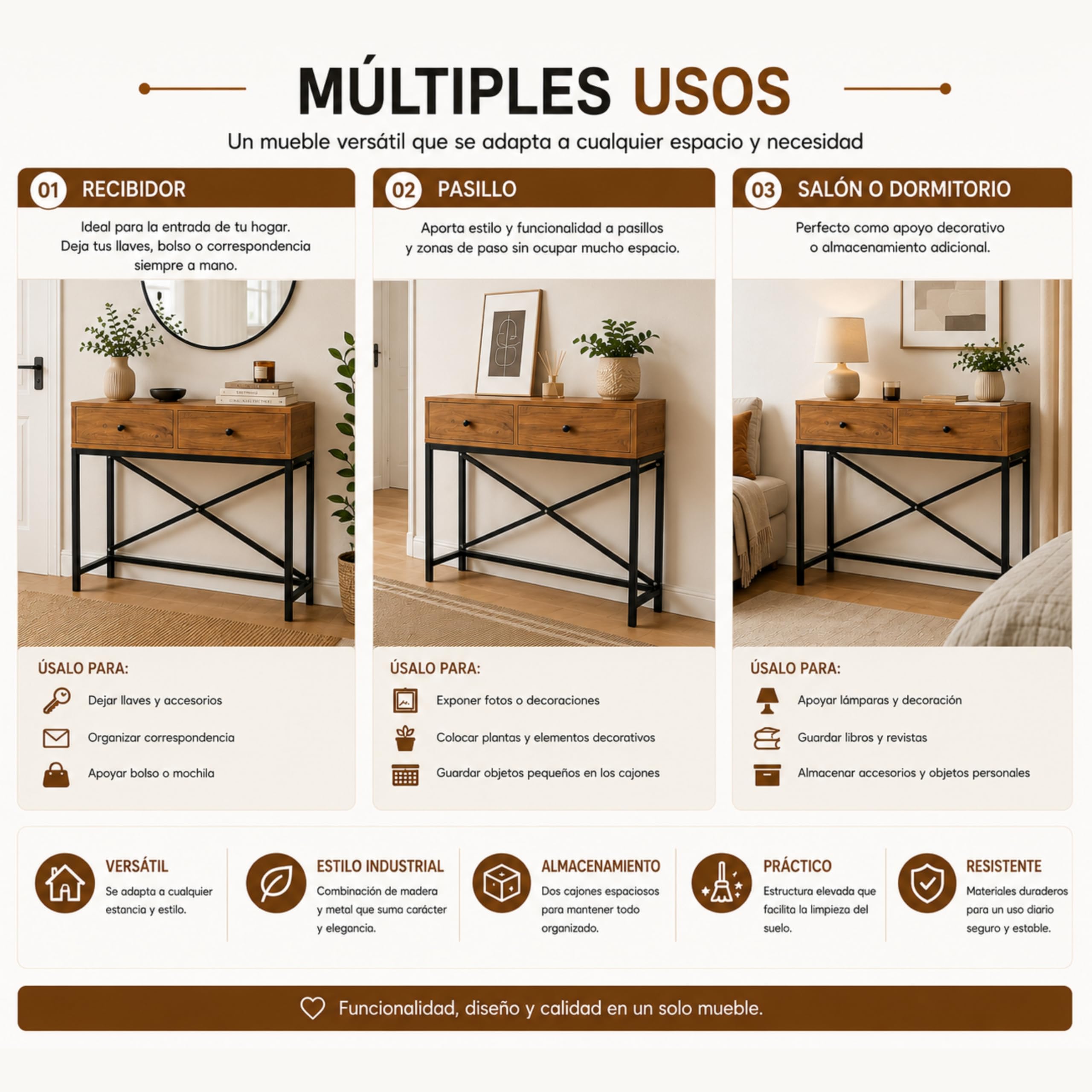 Recibidor Consola Metal y Atlantic Pine con Dos cajones 90 x 32 x 80 cm. Zeus