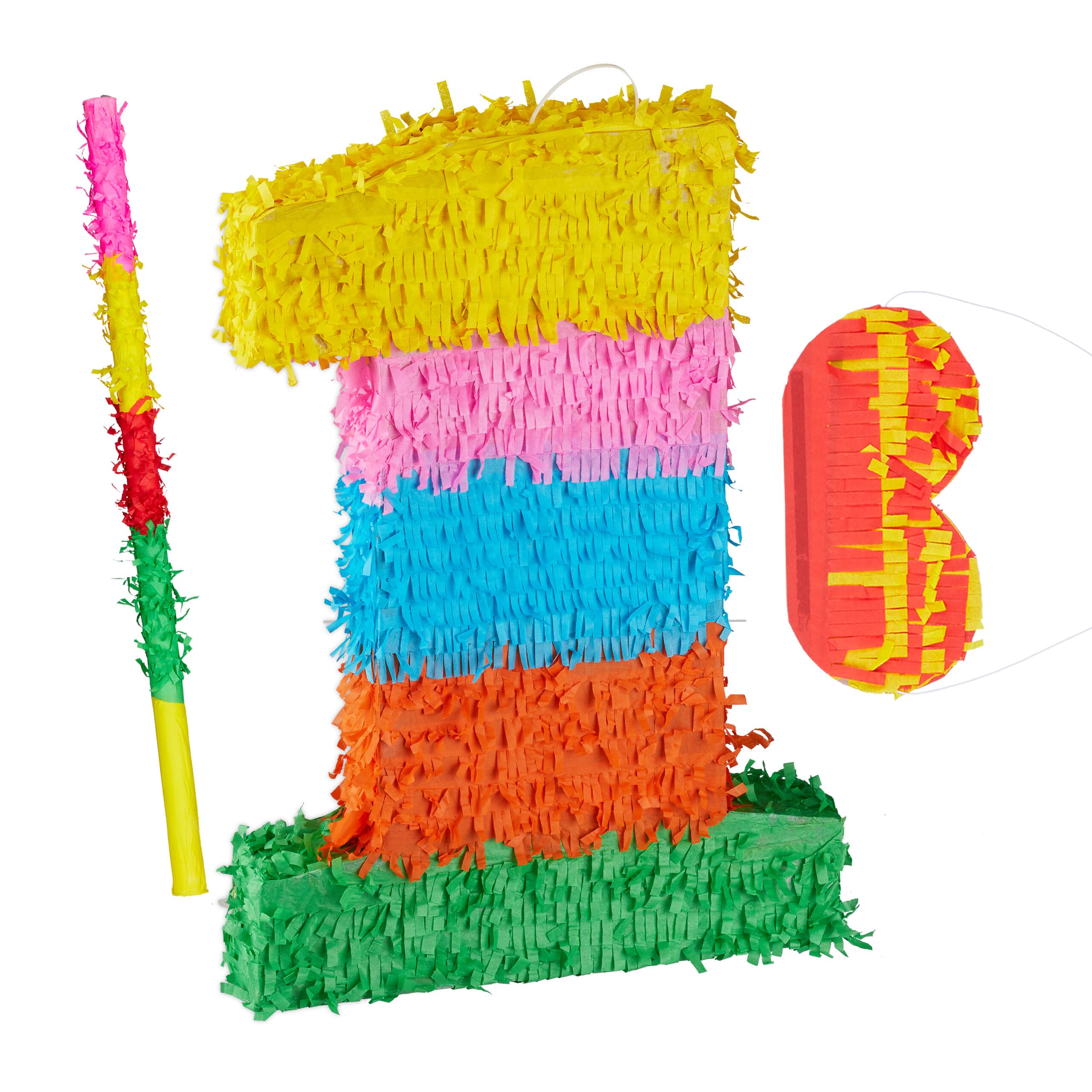 Relaxdays 3-częściowy zestaw Pinata na urodziny, cyfra 1, pręt do pinaty z maską na oczy, dzieci i dorosłych, piñata do samodzielnego napełniania, kolorowa