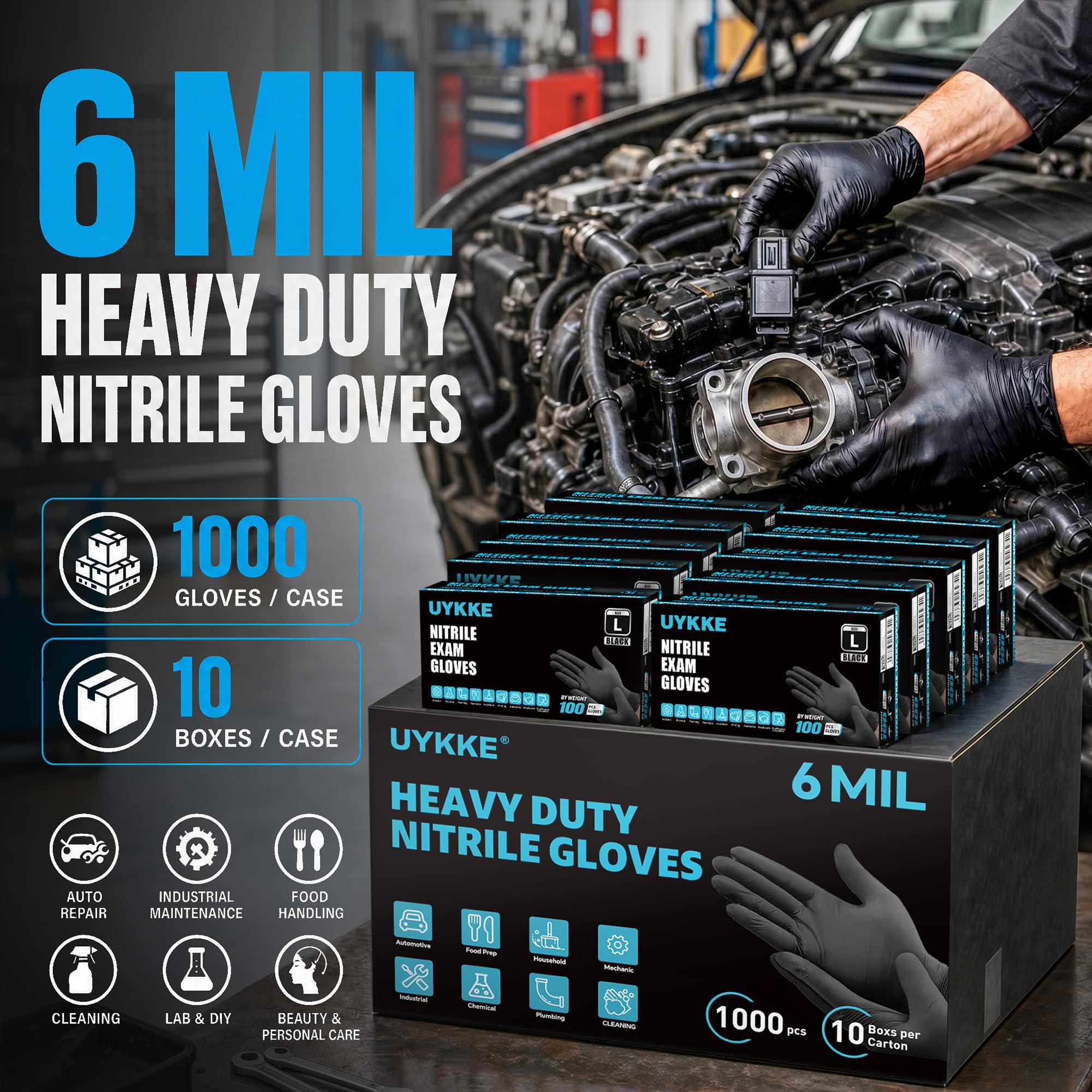 6mil - Guanti in nitrile ultra resistenti, usa e getta, senza polvere e lattice, per preparazione di alimenti, meccanici, tatuaggi, 1000 pezzi (M, 1000 pezzi)