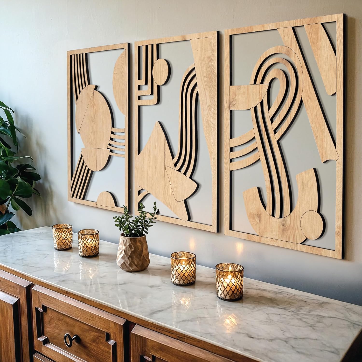 qmmp Modern Wooden Wall Sculptures - Set of 3 - MDF - Oak - Home Decor Accent - Large Wall Art for Living Room, Bedroom, Office - Easy Installation (Oak, Large - Abstract Shapes, Unframed) Oak Unframed Large - Abstract Shapes