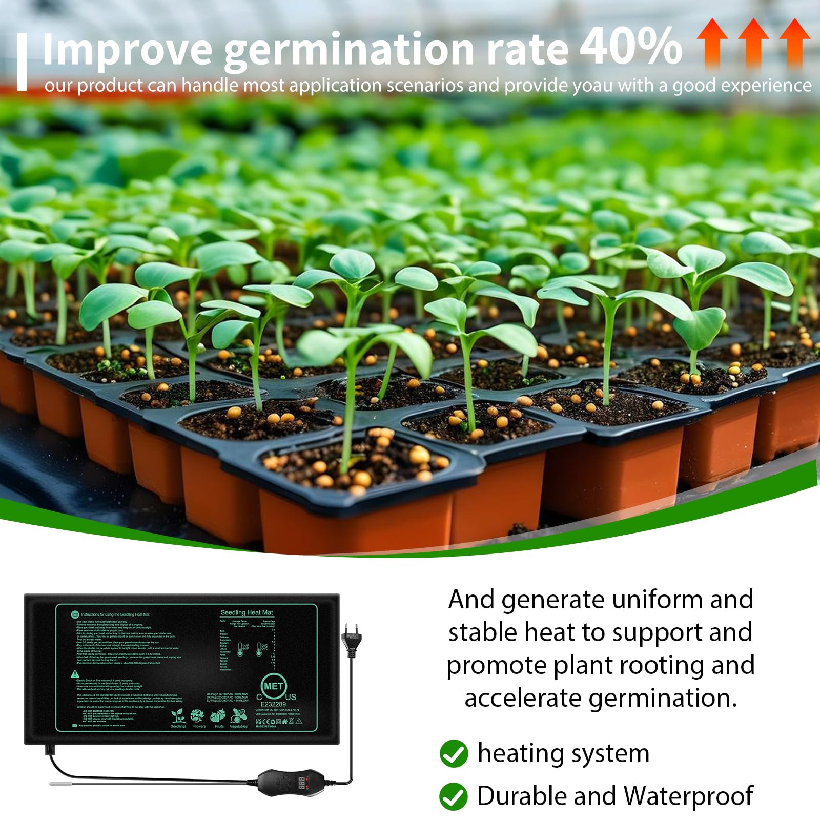 Vegena Tappetino Riscaldante per Piante,25cm*52.5cm 50W Tappetino Riscaldante per Serre,Tappeto Riscaldante per Serra,Riscaldanti per Piante per Germinazione dei Semi,Impermeabile IPX4