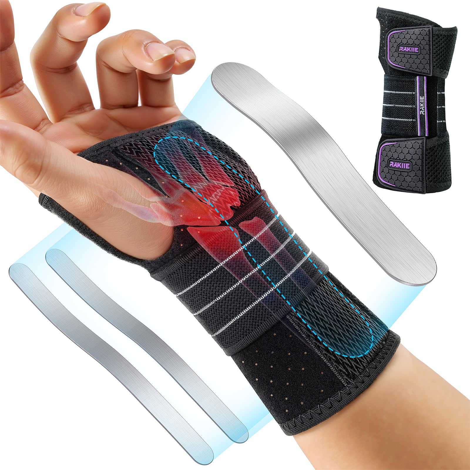 Rakiie Handgelenkstütze, Verstellbare handgelenk bandagen mit 3 Metallschienen, handgelenkbandage für Männer und Frauen, kein Druck auf den Daumen, Schienenstabilisator, Grau, Rechte Hand, M