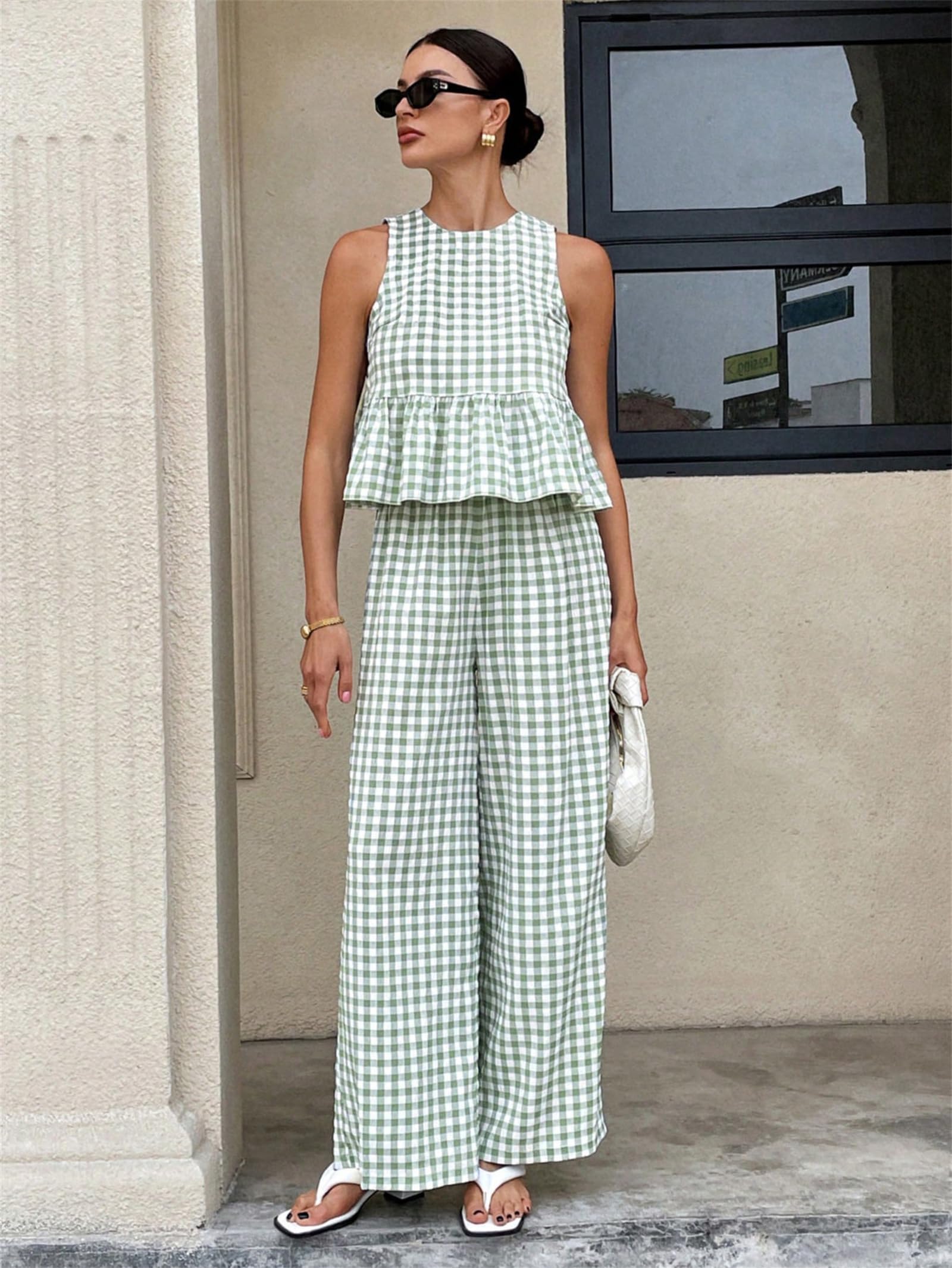 Ensembles à carreaux 2 pièces pour femme, haut et pantalon à volants à dos ouvert, ensemble de salon de vacances pour femme