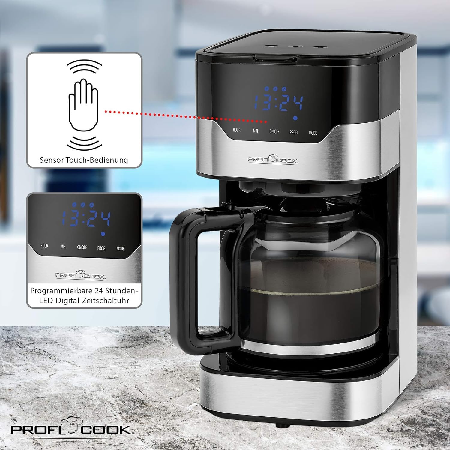 Profi Cook PC-KA 1169 - Macchina da caffè elettronica, funzione di selezione degli aromi, funzione touch screen, timer digitale a LED, 24 ore, 1,5 litri, in acciaio inox/nero Profi Cook PC-KA 1169 - Macchina da caffè elettronica, funzione di selezione degli aromi, funzione touch screen, timer digitale a LED, 24 ore, 1,5 litri, in acciaio inox/nero