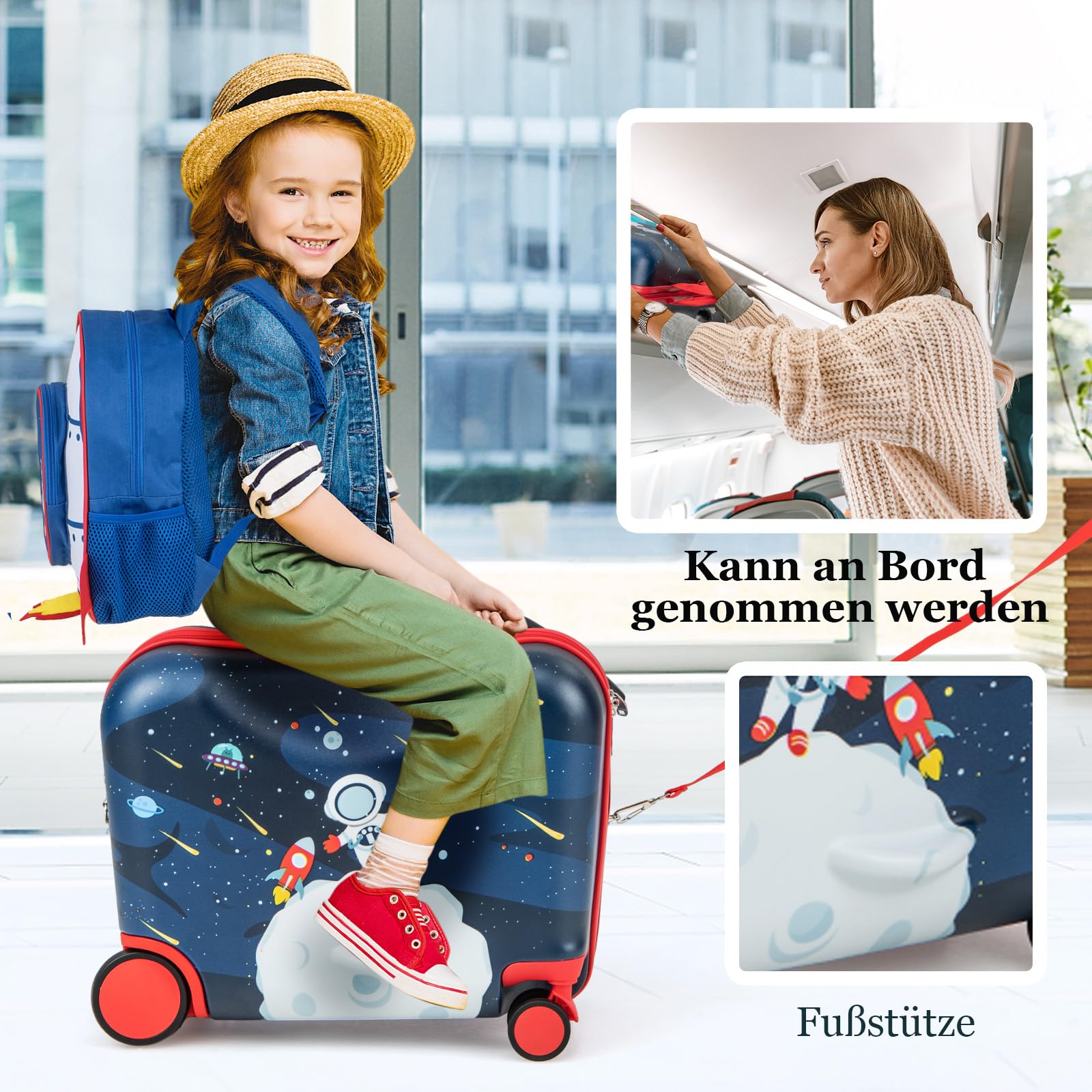 SOARS Kinderkoffer & Rucksack 18”+12”, Reisekoffer mit Rollen & Teleskopgriff, Trolley Kinder, Kindergepäck, Hartschalenkoffer, Kindertrolley für Jungen und Mädchen (Astronaut)