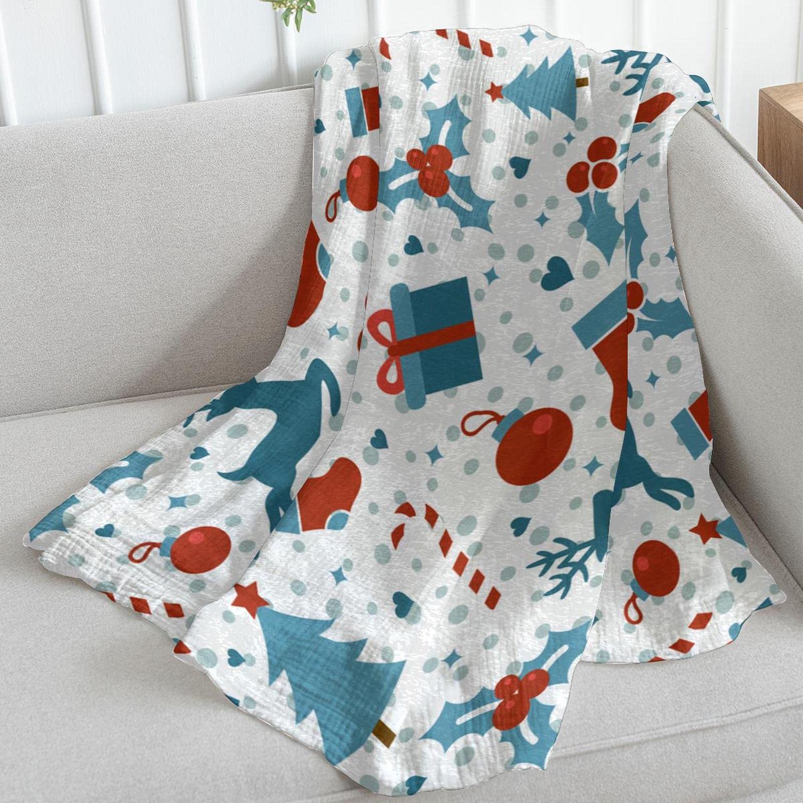 Coperta in pile per divano, divano o letto, motivo con elementi natalizi