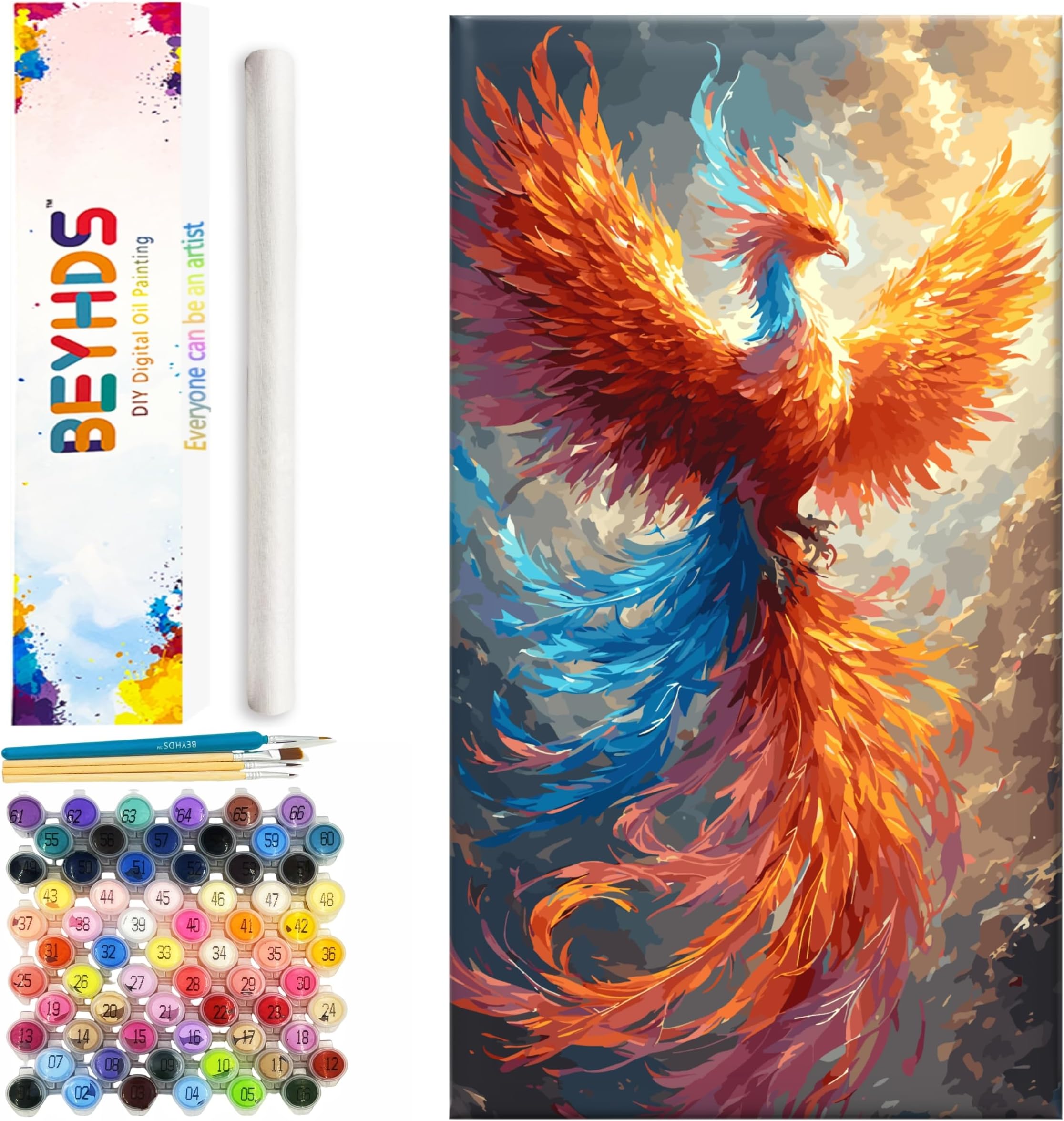 BEYHDS Professional Digital Oil Painting Set (Unframed) with Brushes and 63 Pieces of Acrylic Paint - 16 inches * 28 inches Large, Fire Phoenix (BEYDW071)