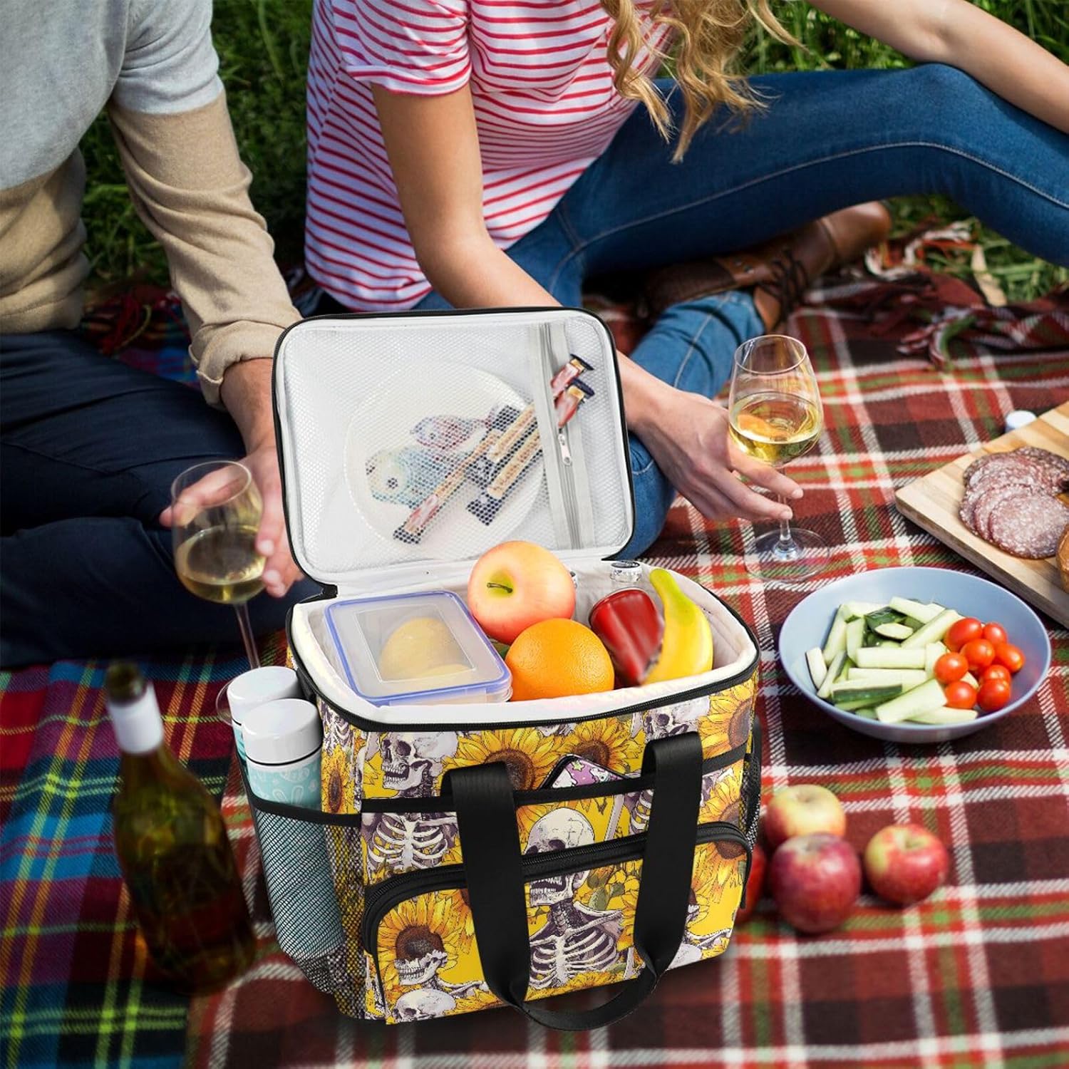 Cooler Bags Insulated-Skulls Flowers, Lunch Bag 24 Can Leakproof Light Weight for Picnic Camping Party