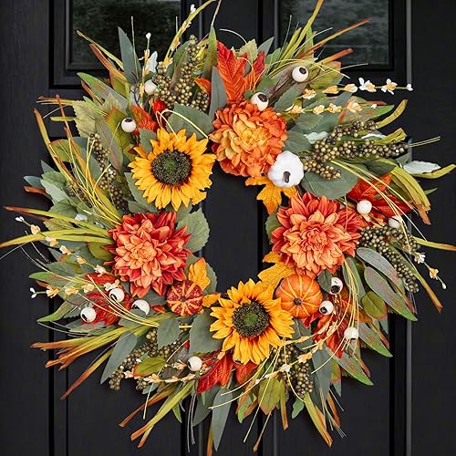Coronas de otoño para puerta delantera, corona de otoño de 24 pulgadas con calabazas, girasoles y bayas, corona de otoño al aire libre para porche,