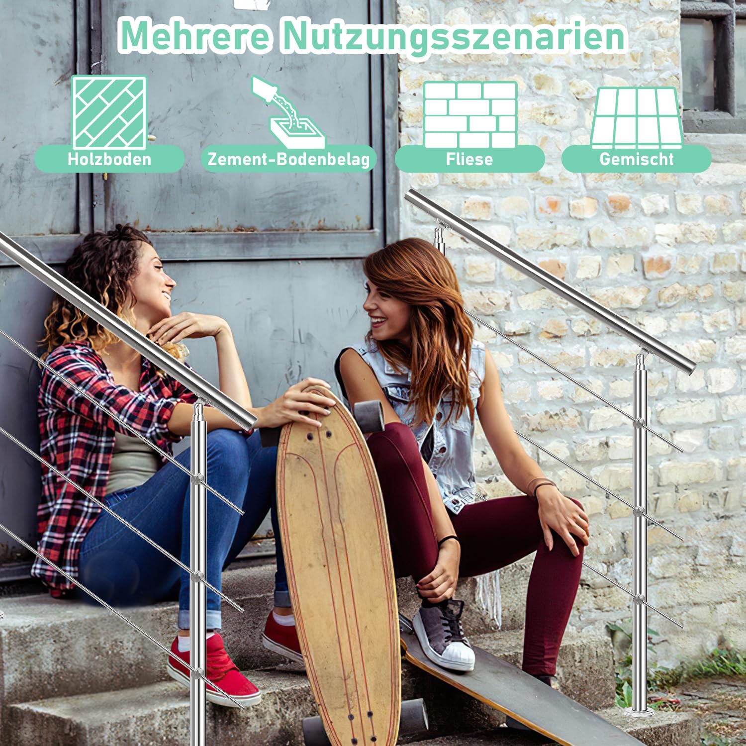 Fiqops Poręcz schodowa ze stali nierdzewnej, do użytku na zewnątrz i wewnątrz, 80 cm, z 2 poprzeczkami Ø 42 mm, z akcesoriami, regulacja kąta do schodów, ogrodu, wejścia do domu, balustrady na balkon