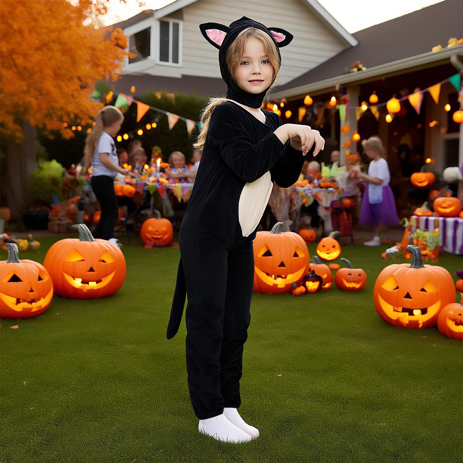 Joyincoser Cat Costume Onesie Black Cat Jumpsuit Pyjamas with Cat Ears Hat Animal Costume for Halloween Cosplay Fancy Dress (140) - Image 2
