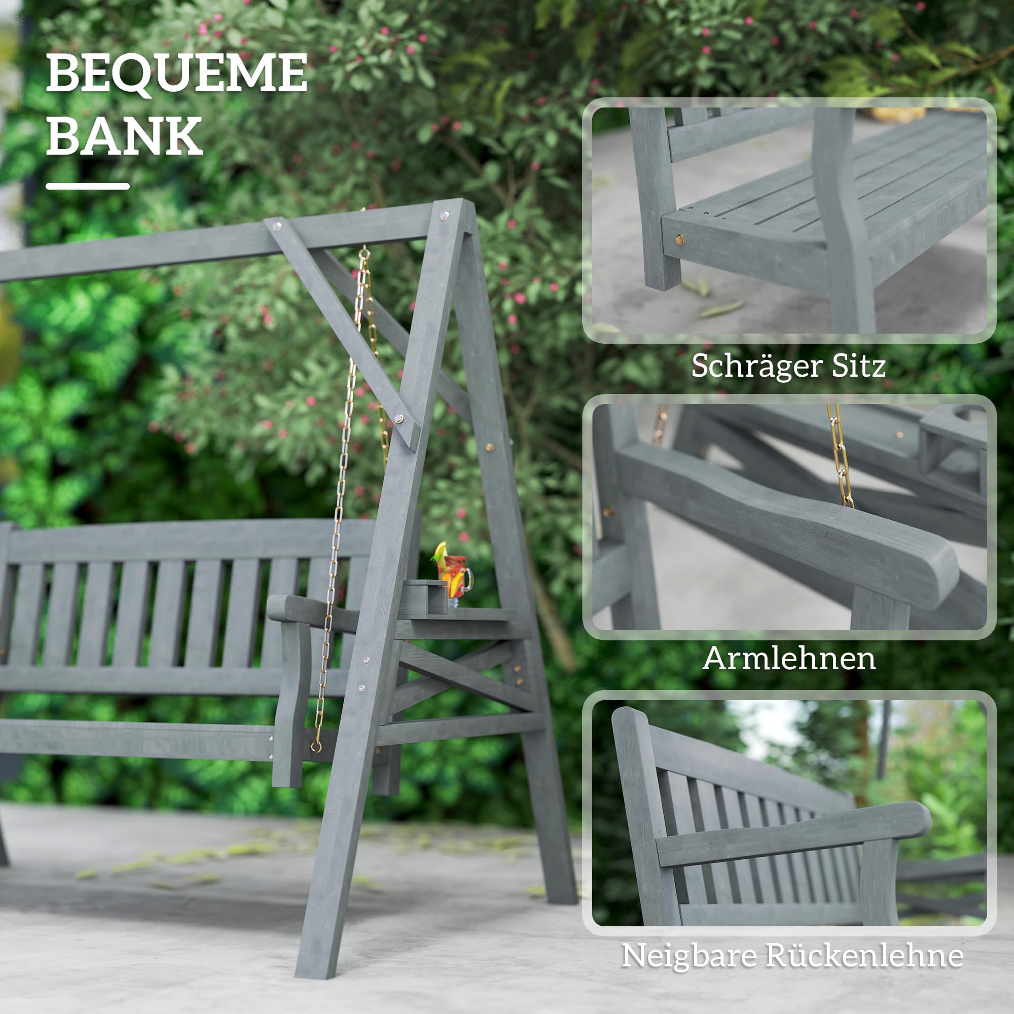 Outsunny Hollywoodschaukel, 2-Sitzer Gartenschaukel aus Holz, Holzschaukel mit Ablagen, Schaukelbank bis 250kg belastbar, für Garten, Terrasse, 183 x 120 x 160cm, Grau