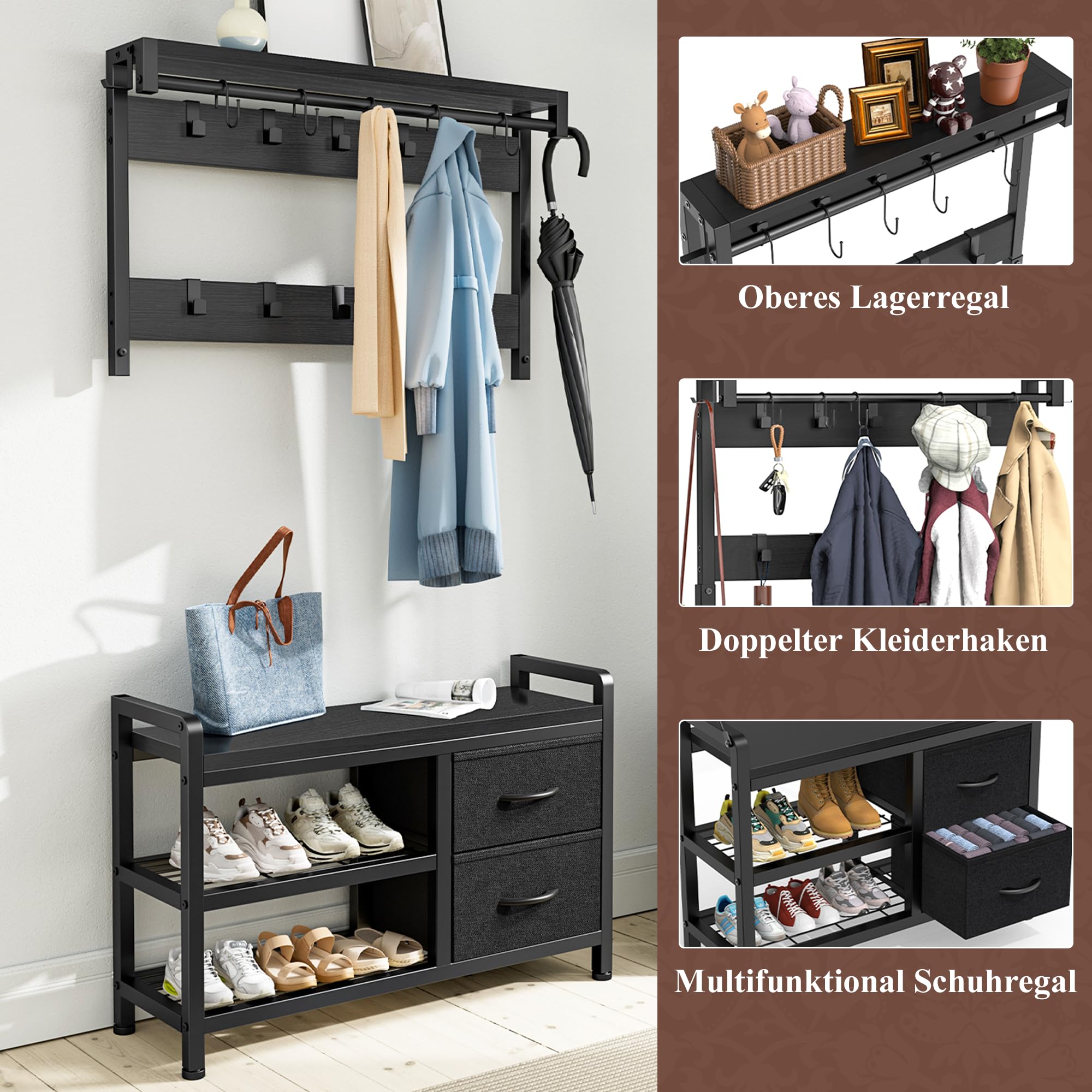 Garderobenständer, Schuhregal mit Sitzfläche und 2 Schubladen, Kleiderständer mit 17 Abnehmbaren Haken, 5 In 1 Design, Metallrahmen, für Flur, Wohnzimmer, Eingänge (Schwarz)
