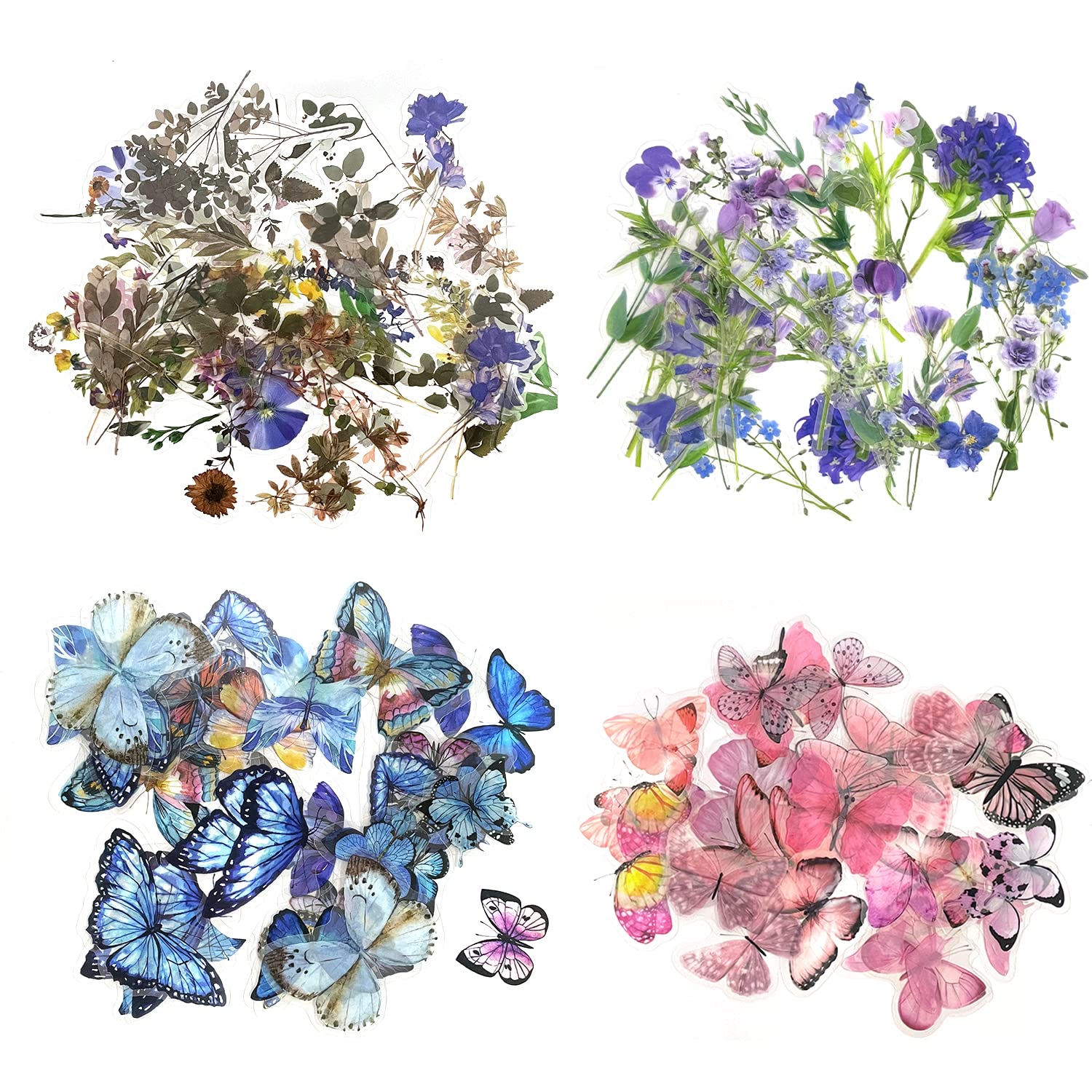 Paquete de 160 pegatinas florales para plantas y mariposas, autoadhesivas, transparentes, impermeables, estilo floral, para manualidades, álbumes de recortes, cuadernos