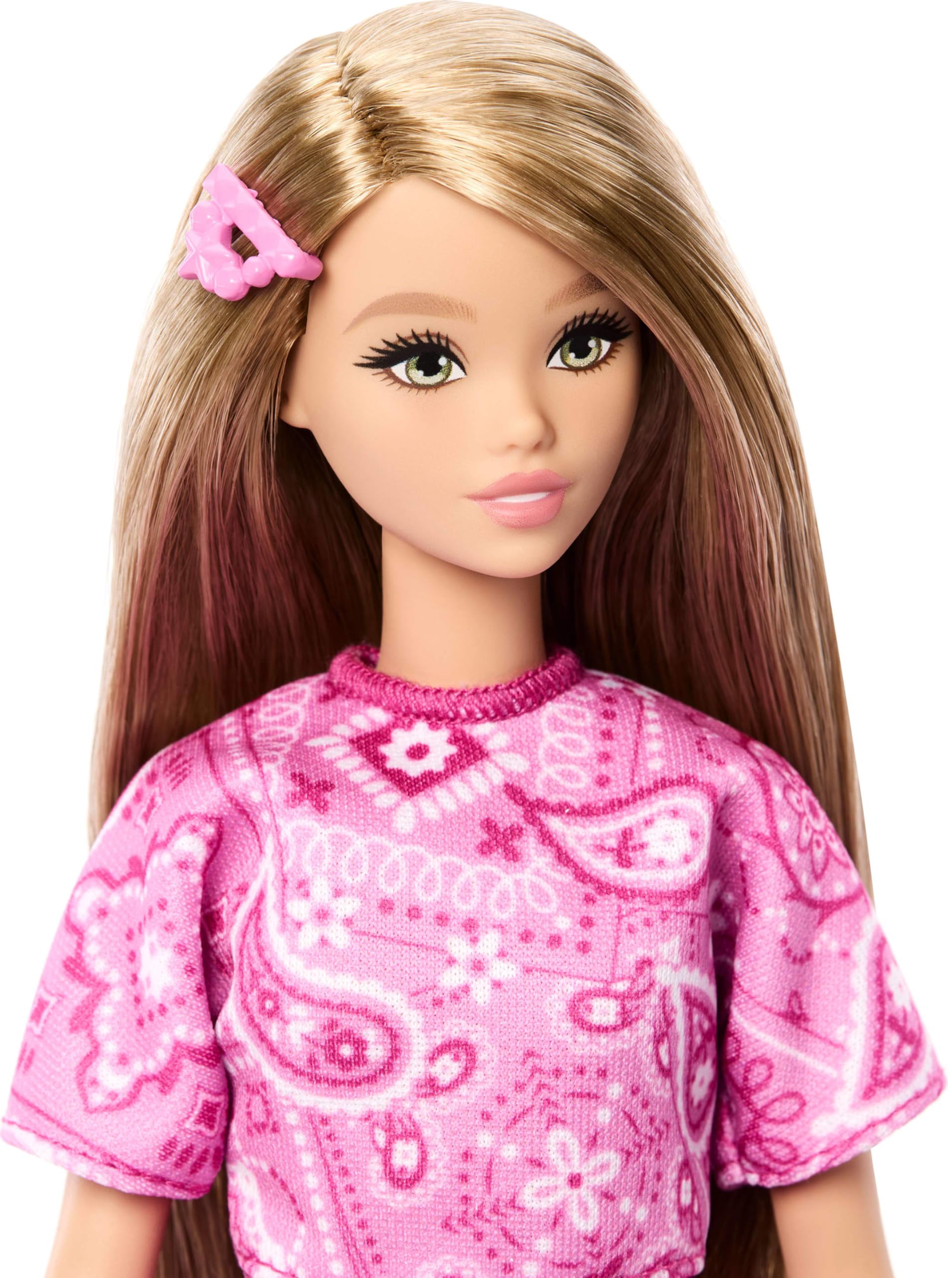 Barbie Fashionistas Lalka modowa #249, różowy strój we wzór paisley, blond włosy, różowa spódniczka i koszulka, białe sandałki na platformie, zabawka dla dzieci 3+, JJN62