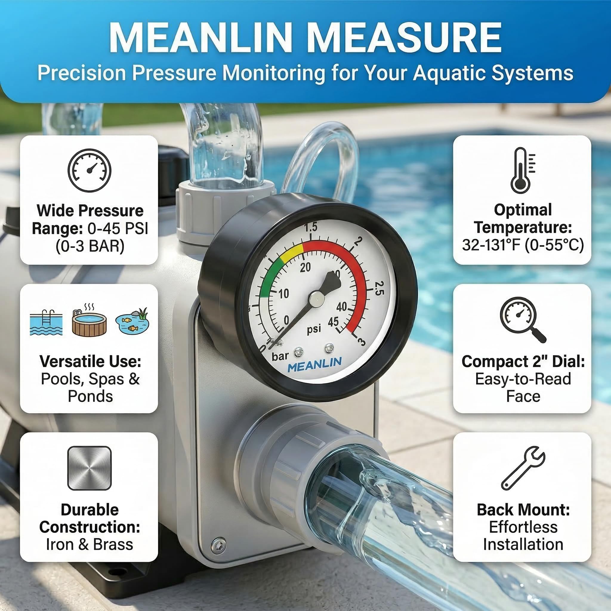 MEANLIN MEASURE 0~3Bar/0~40Psi Manomètre pour piscine,1/8"BSP 2" FACE DIAL pour piscines, spas, bassins à poissons,avec douille hexagonale 1/4" BSP et 3/8" BSP,Montage arrière