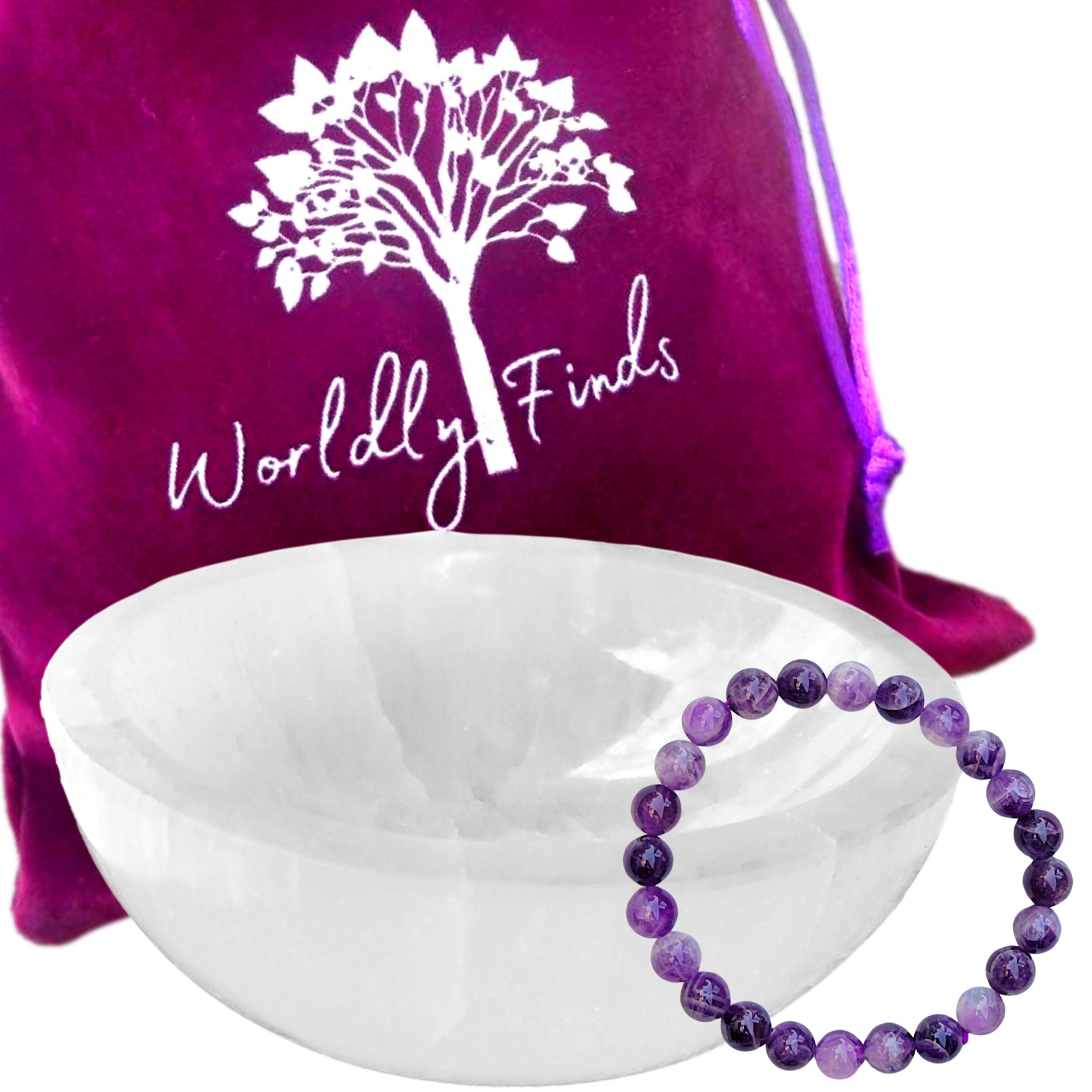 Selenite Charging Bowl & Amethyst Crystal Bracelet Gift Set - Polished Thickly Hand-Carved, Moroccan Crystal Holder to Charge, Cleanse Crystals,
