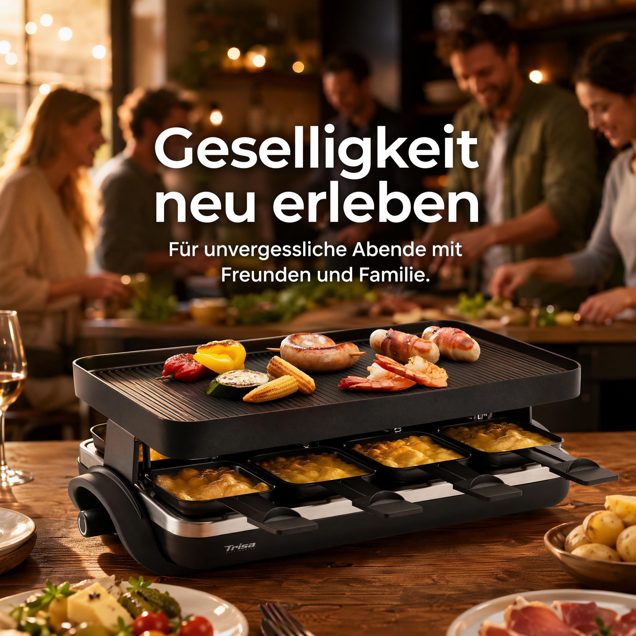 Trisa Raclette Supreme 8 Grill, 1500W, 8 Pfännchen, Guss-Aluminium Platte | 8 Antihaft-Pfännchen & Spachtel, Guss-Aluminium Grillplatte, 1500W, Stufenloser Temperaturregler