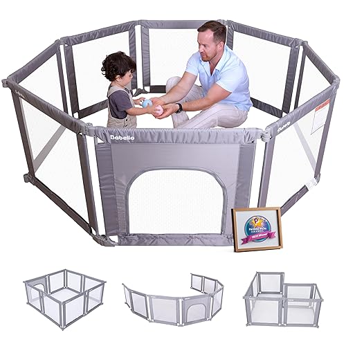 Babelio Corralito plegable para bebés y niños pequeños, forma y área ajustables, corralito con puerta con cremallera, valla portátil para bebés para