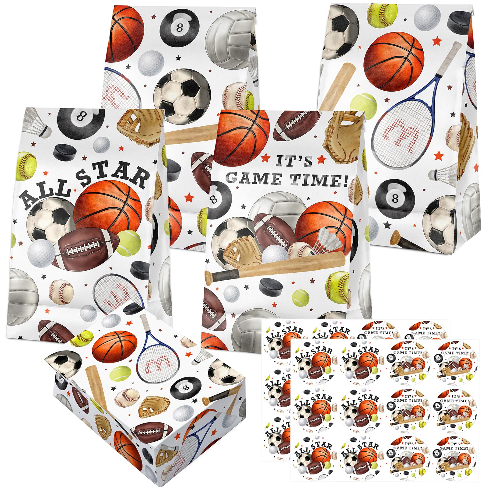 24 Pcs Sports Goodie Bags with Stickers - Sports Themed Birthday Party Favor Bags, Perfect for Kids' Sports Party Supplies and Treat Bags