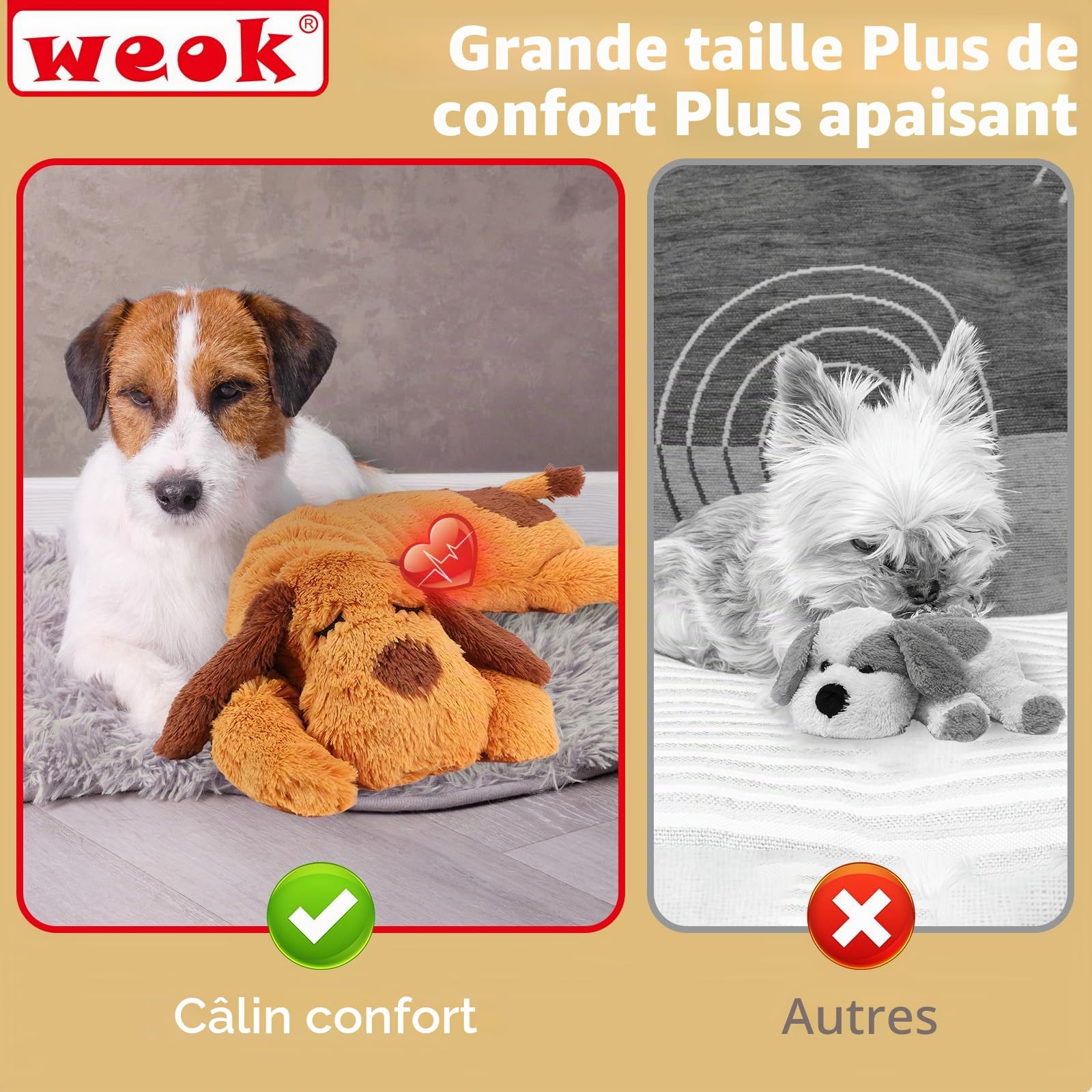 WEOK Jouet pour Chiot - Oreiller Confortable pour Soulager l'Anxiété - Jouet en Peluche pour Battements de Cœur pour Chiens et Chats