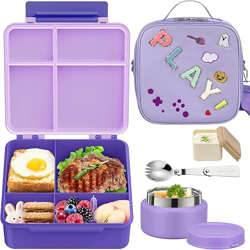 Lonchera Bento para niños con termo de sopa de 9 onzas, recipientes de comida a prueba de fugas para niños con 4 compartimentos, bolsa de almuerzo