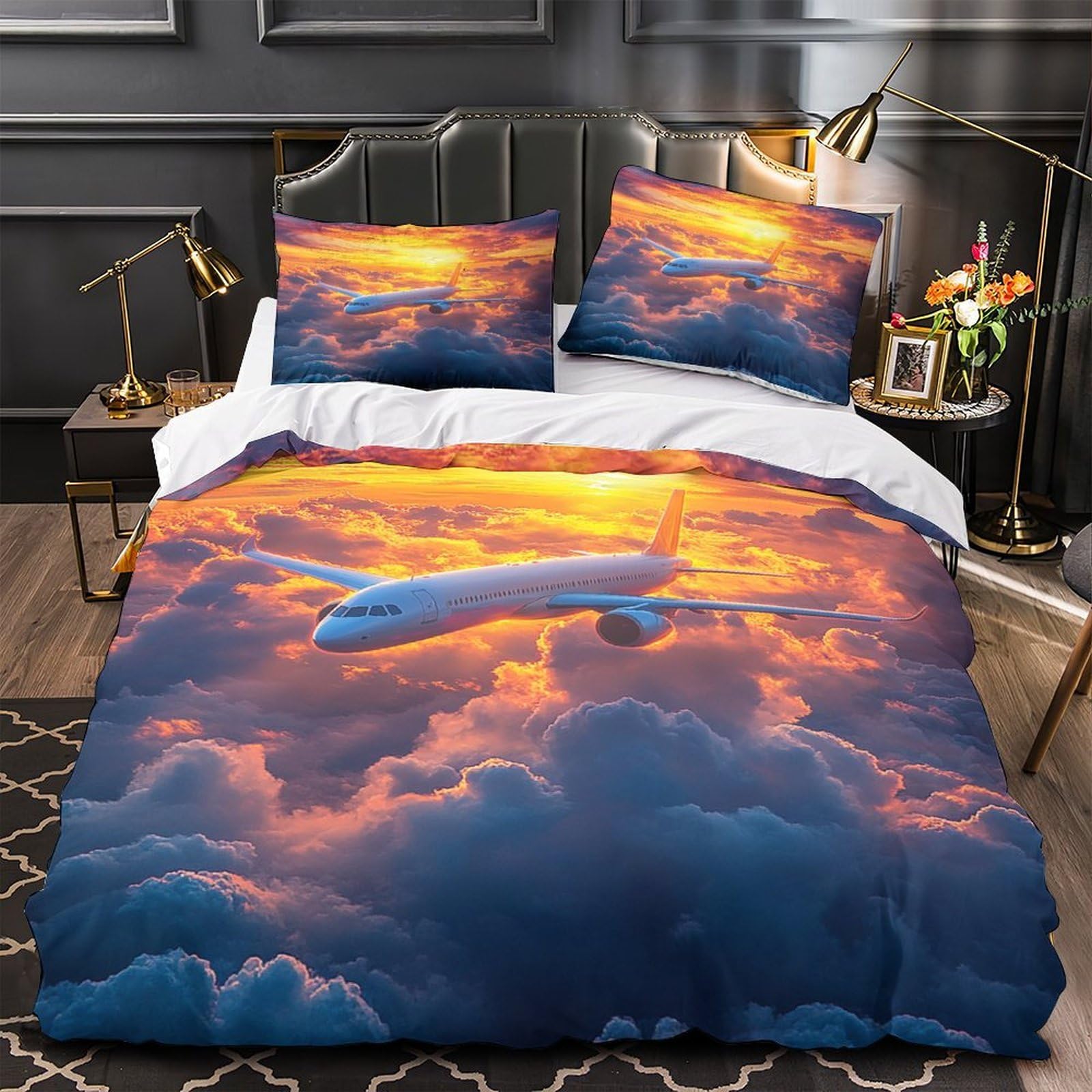 Parure housse de couette avion 3D coucher de soleil 3 pièces cadeau idéal